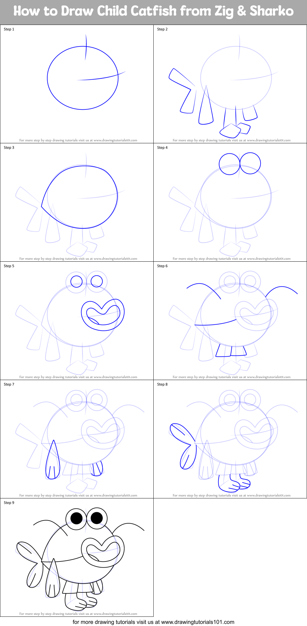 How to Draw Child Catfish from Zig & Sharko Printable Step by Step