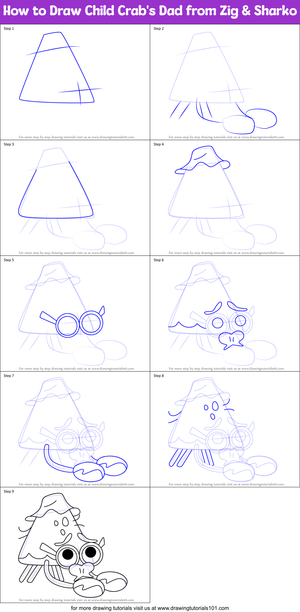 How to Draw Child Crab's Dad from Zig & Sharko Printable Step by Step