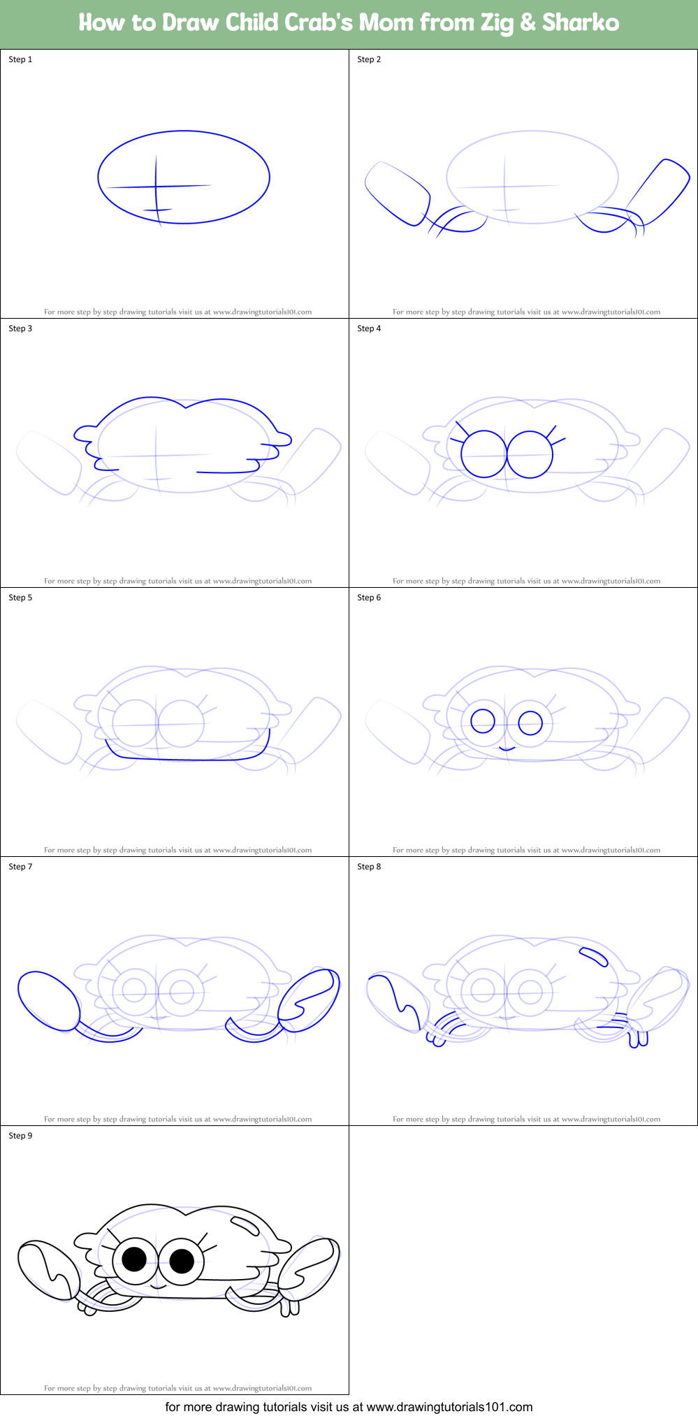 How to Draw Child Crab's Mom from Zig & Sharko Printable Step by Step