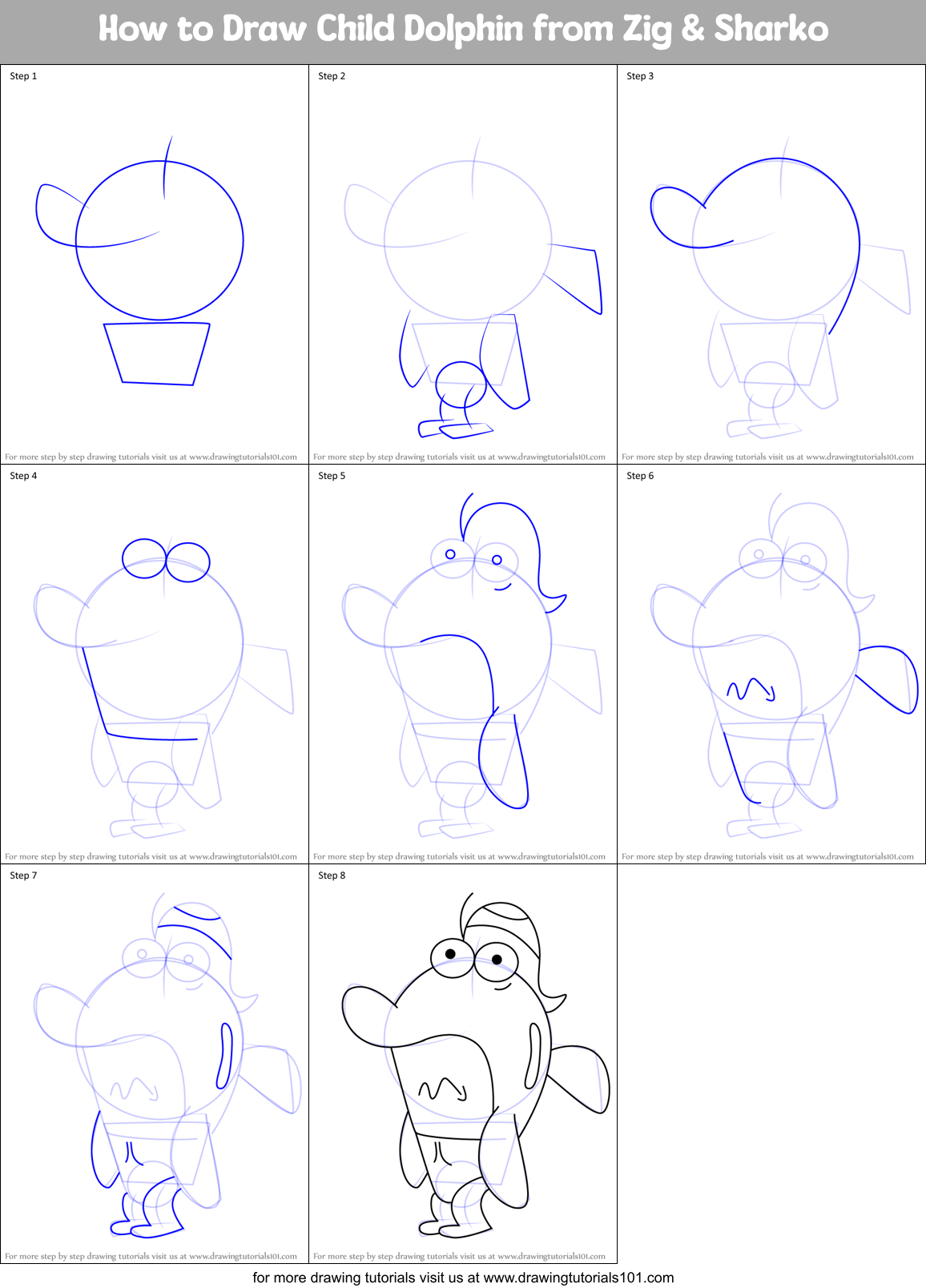 How to Draw Child Dolphin from Zig & Sharko Printable Step by Step