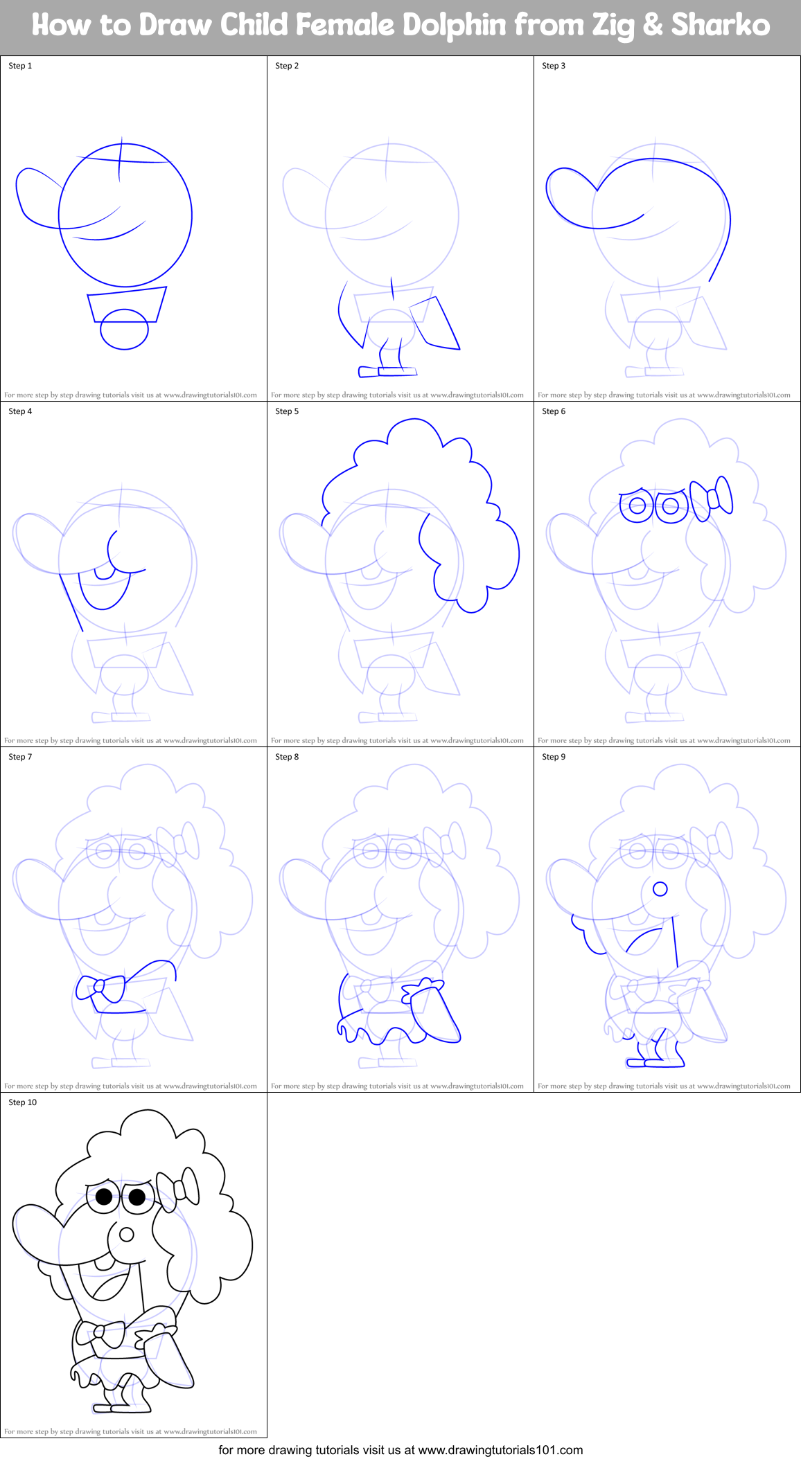 How to Draw Child Female Dolphin from Zig & Sharko Printable Step by Step