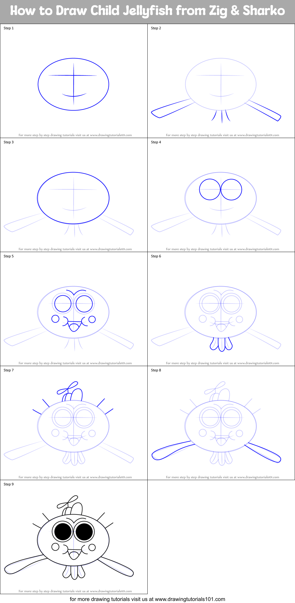 How to Draw Child Jellyfish from Zig & Sharko Printable Step by Step