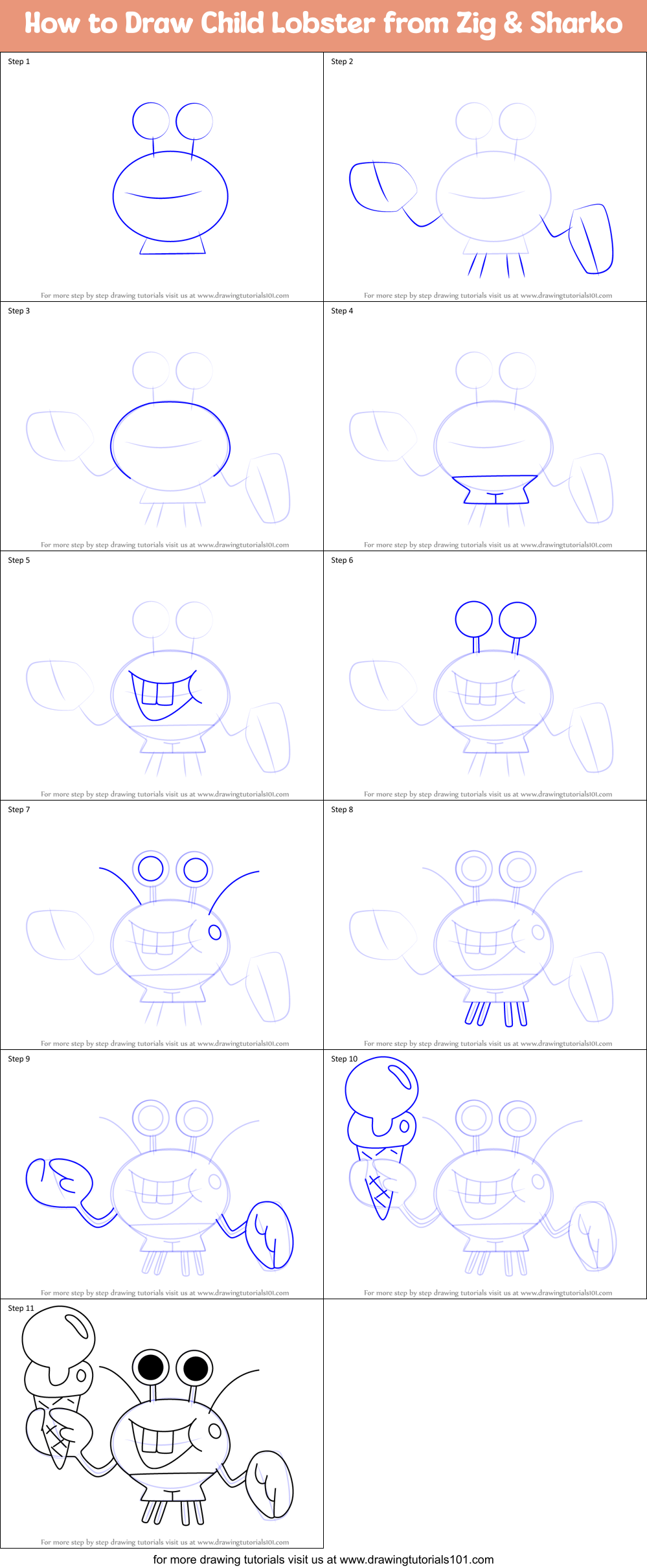 How to Draw Child Lobster from Zig & Sharko Printable Step by Step