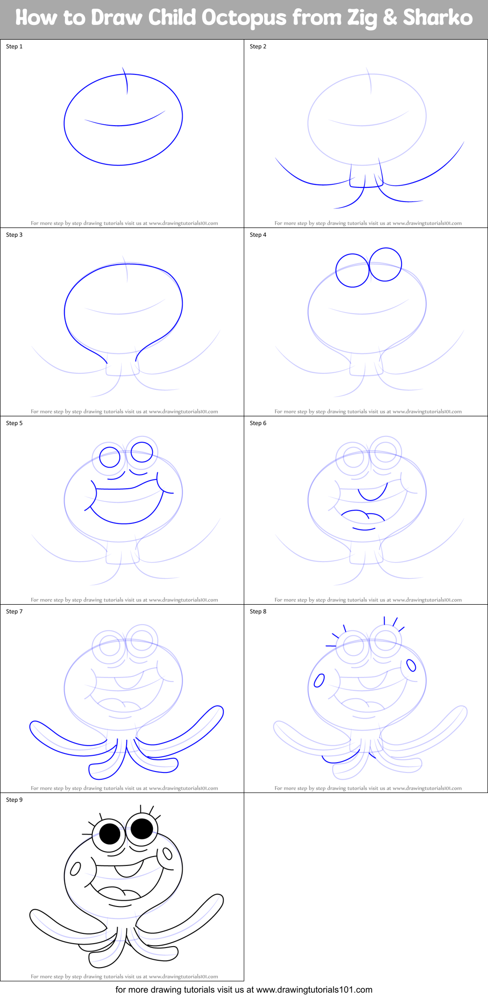 How to Draw Child Octopus from Zig & Sharko Printable Step by Step