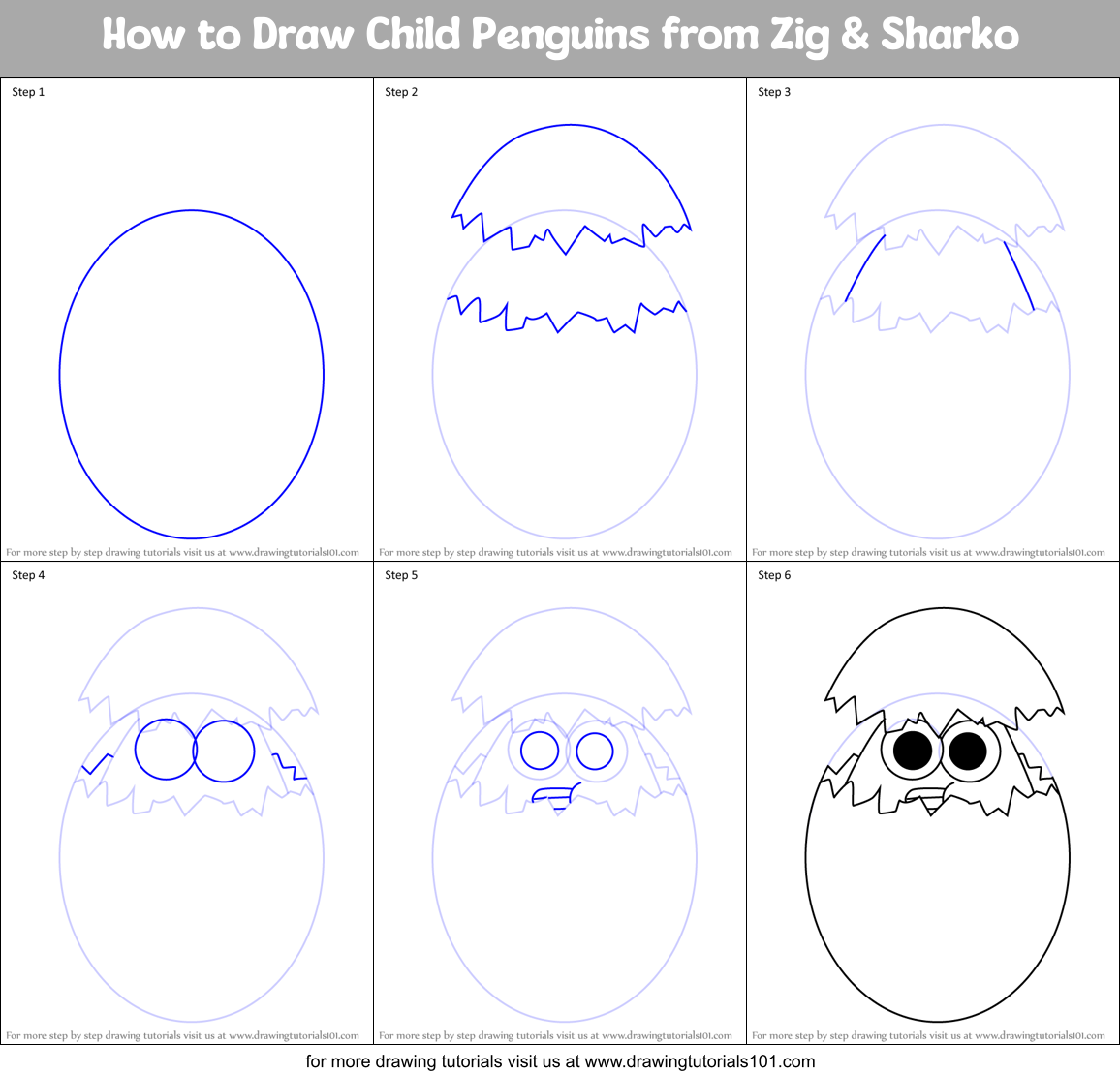How to Draw Child Penguins from Zig & Sharko Printable Step by Step