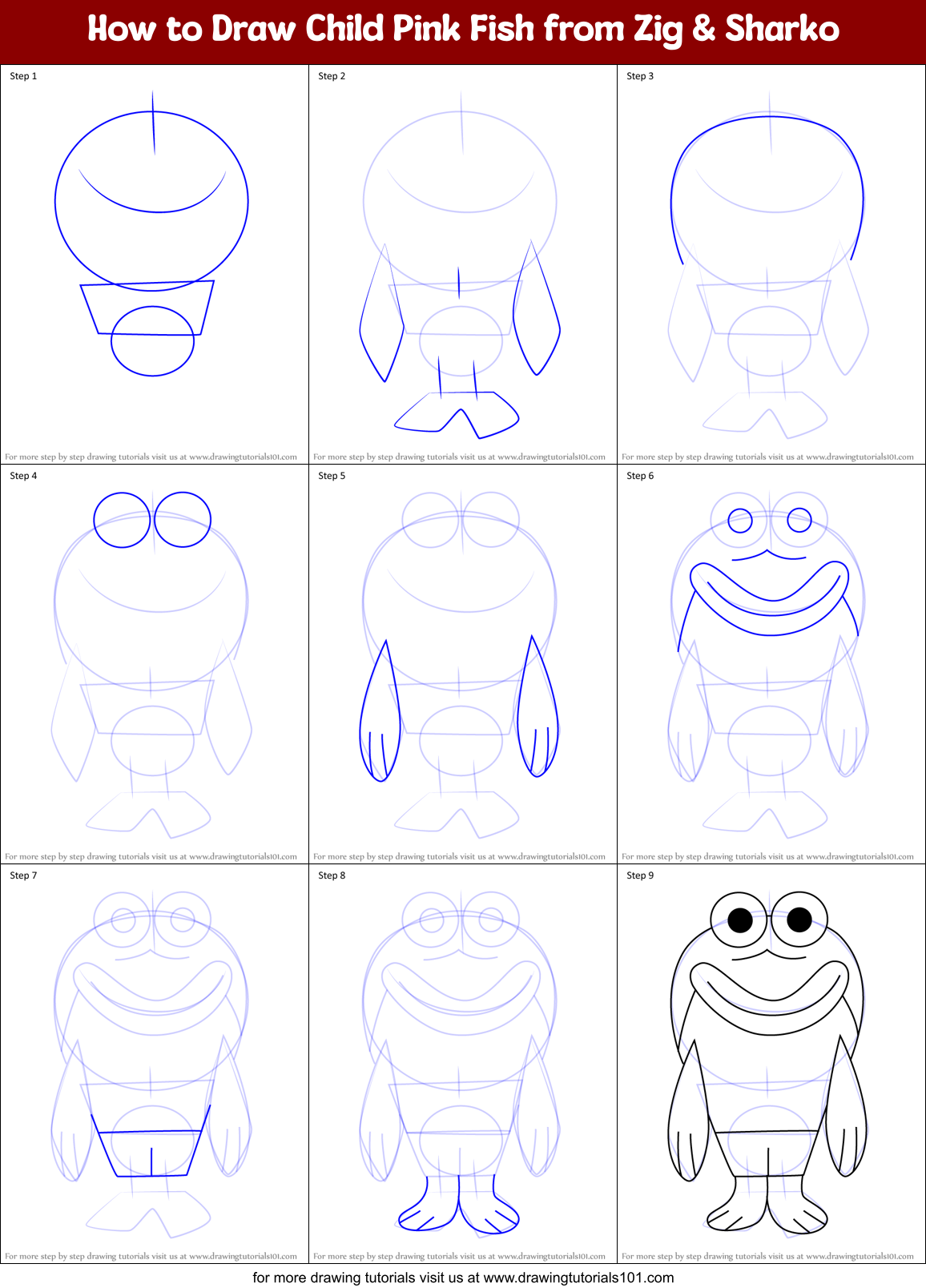 How to Draw Child Pink Fish from Zig & Sharko Printable Step by Step