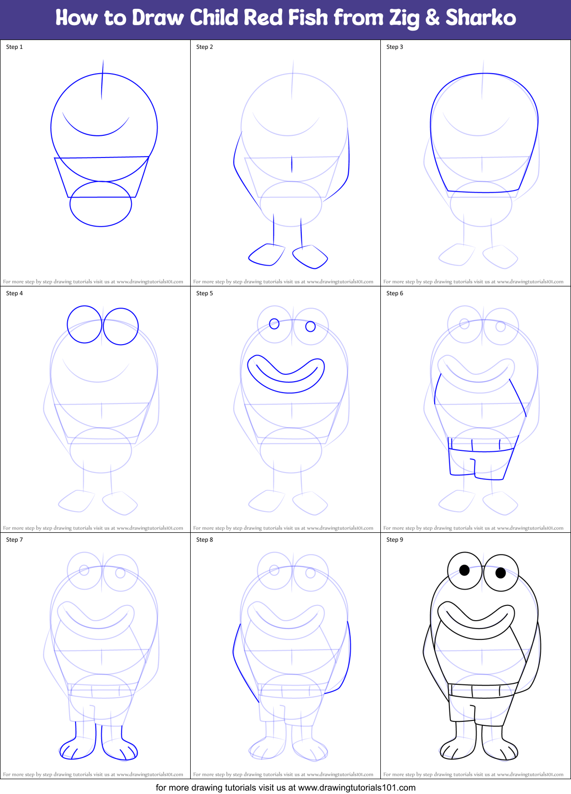 How to Draw Child Red Fish from Zig & Sharko Printable Step by Step