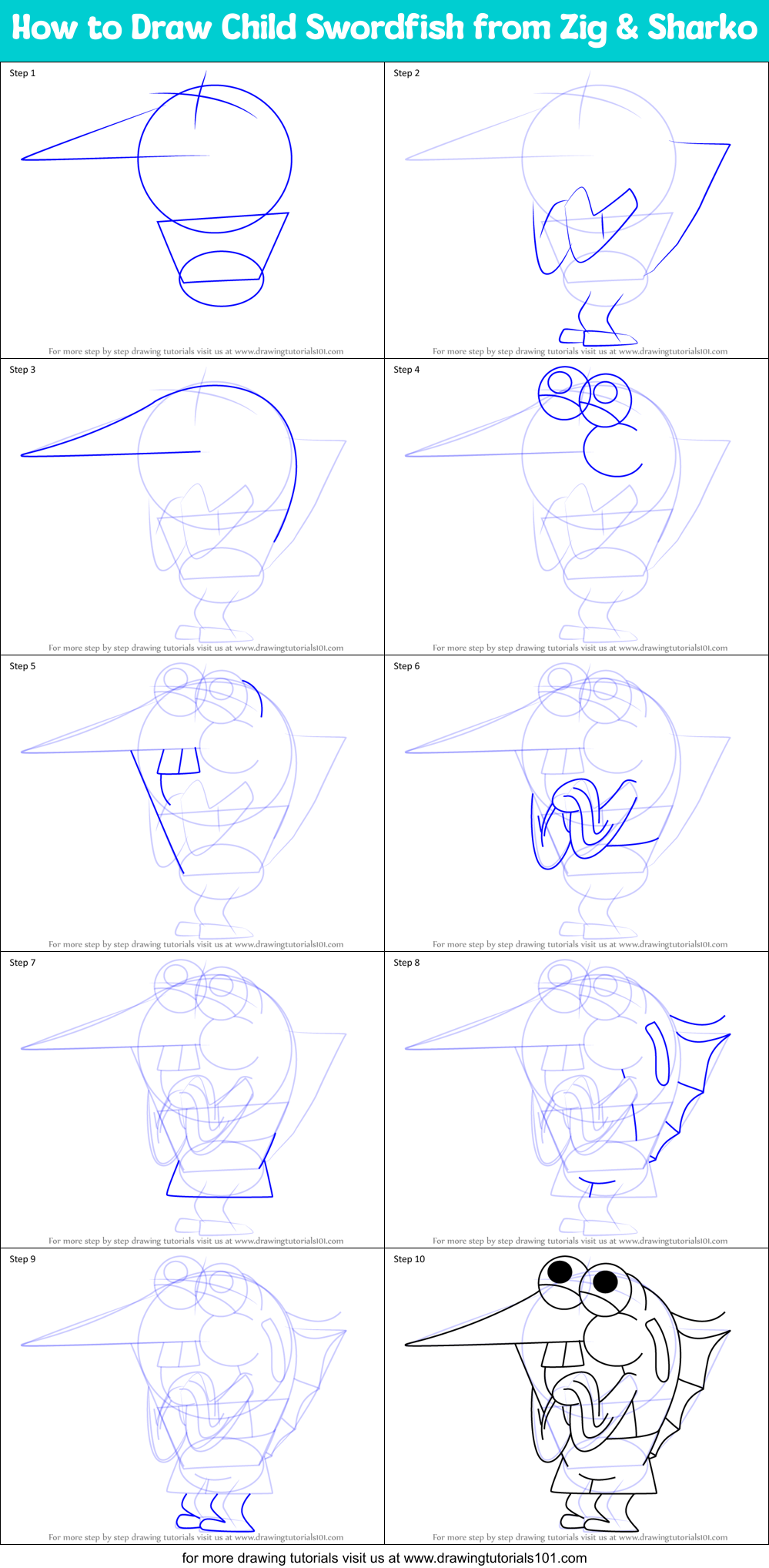 How to Draw Child Swordfish from Zig & Sharko Printable Step by Step