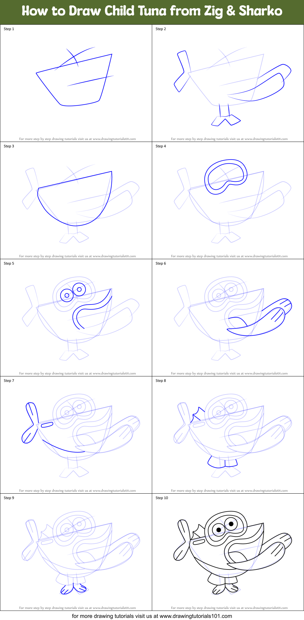 How to Draw Child Tuna from Zig & Sharko Printable Step by Step