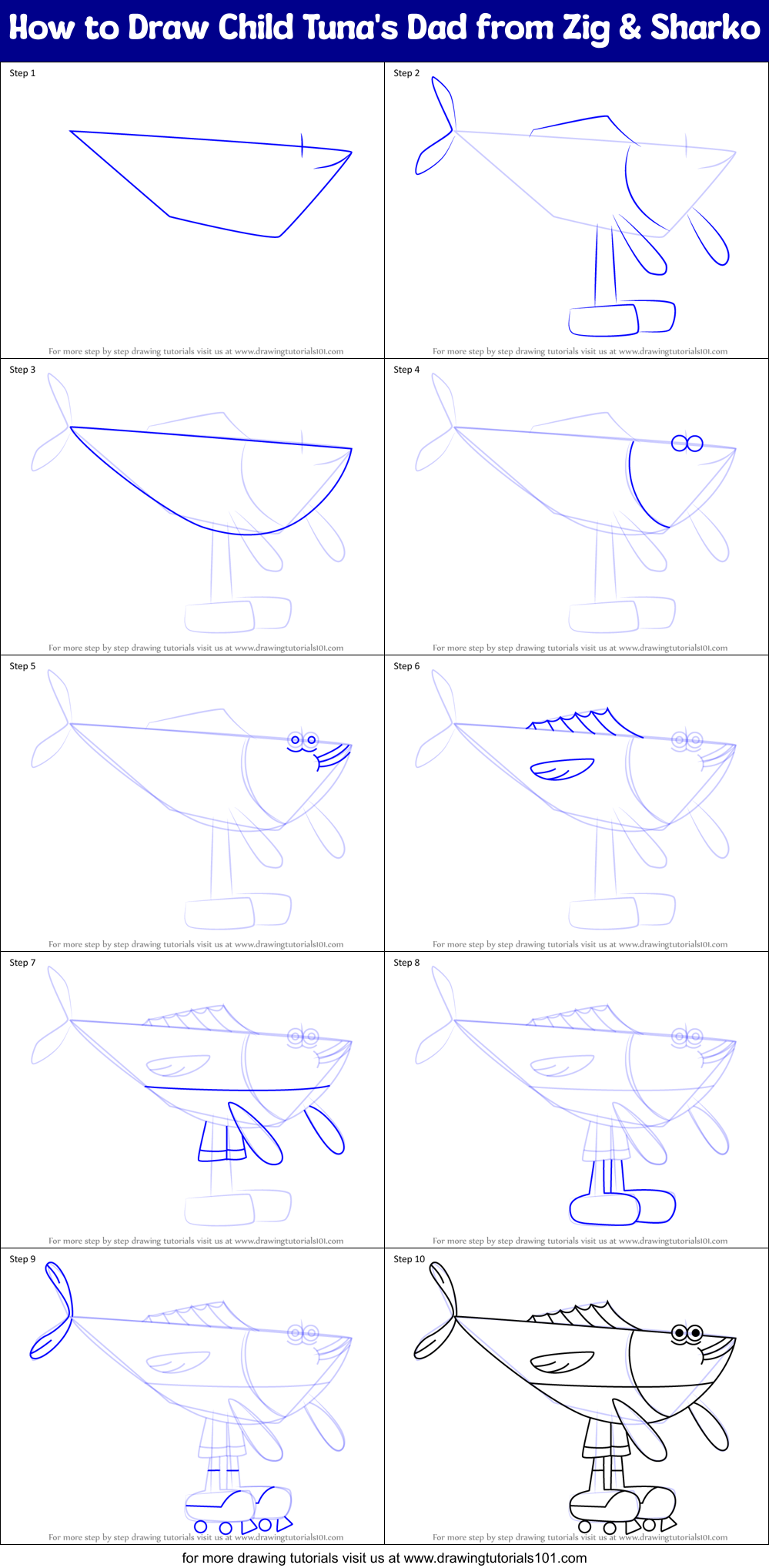 How to Draw Child Tuna's Dad from Zig & Sharko Printable Step by Step