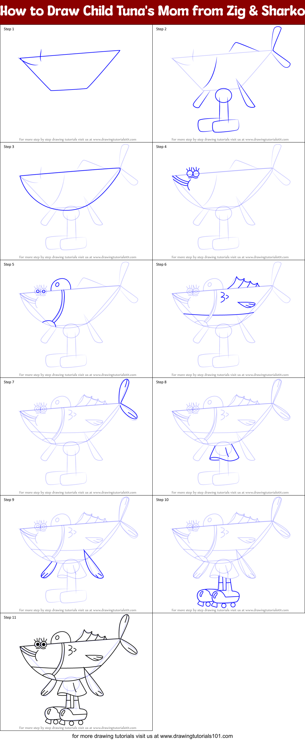 How to Draw Child Tuna's Mom from Zig & Sharko Printable Step by Step