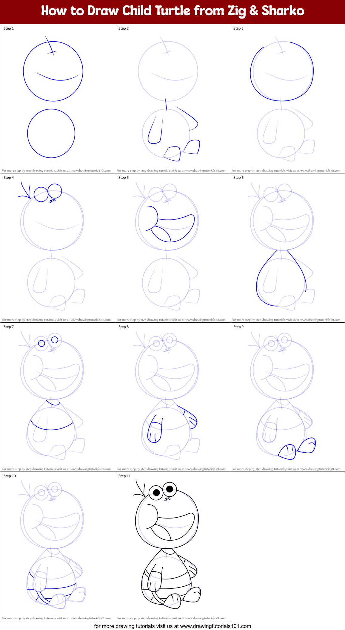 How to Draw Child Turtle from Zig & Sharko Printable Step by Step