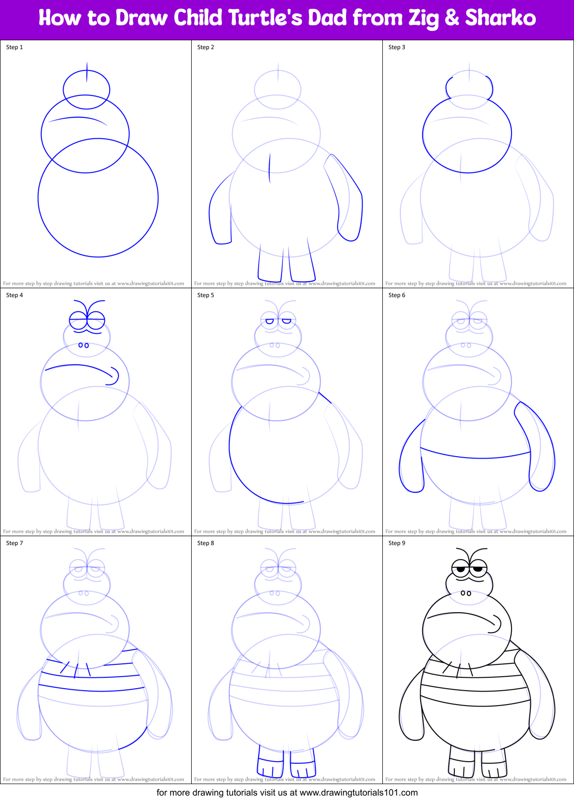How to Draw Child Turtle's Dad from Zig & Sharko Printable Step by Step