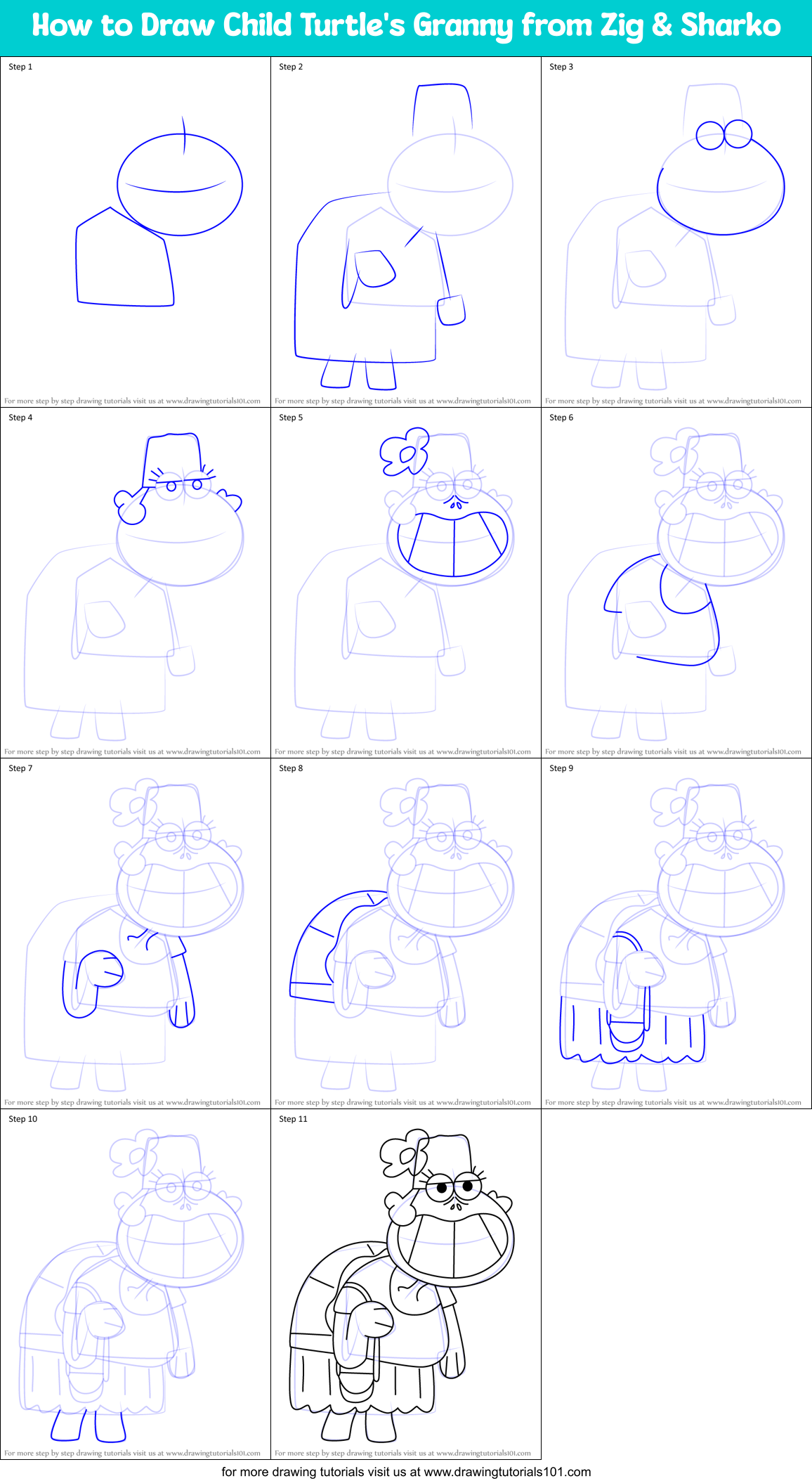 How to Draw Child Turtle's Granny from Zig & Sharko Printable Step by Step