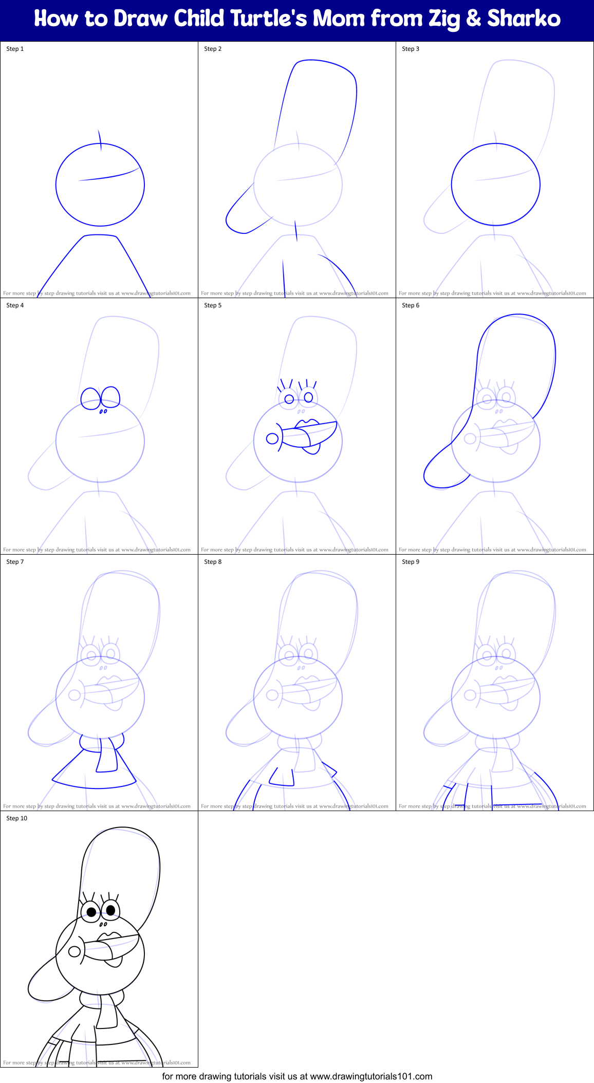 How to Draw Child Turtle's Mom from Zig & Sharko Printable Step by Step