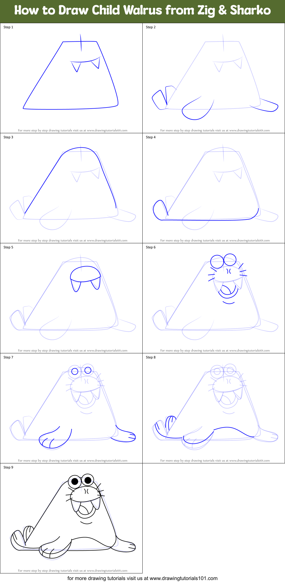 How to Draw Child Walrus from Zig & Sharko Printable Step by Step