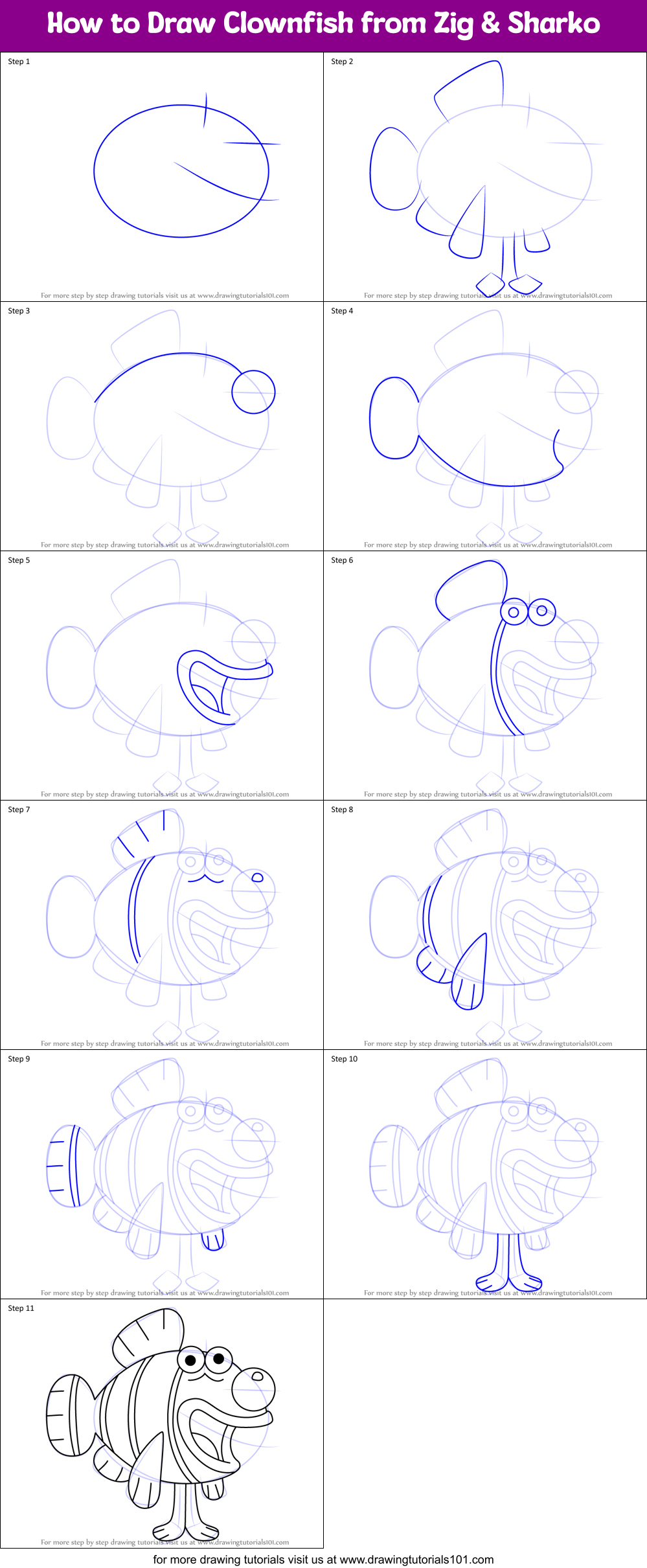 How to Draw Clownfish from Zig & Sharko Printable Step by Step