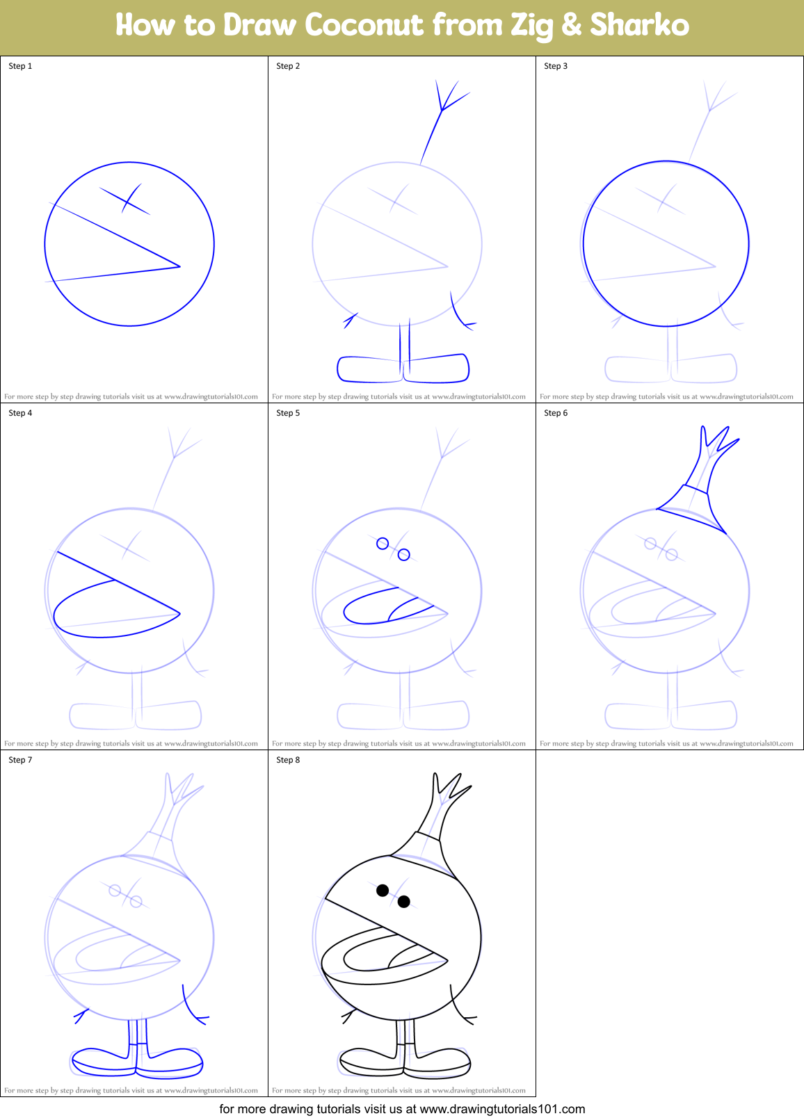How to Draw Coconut from Zig & Sharko Printable Step by Step
