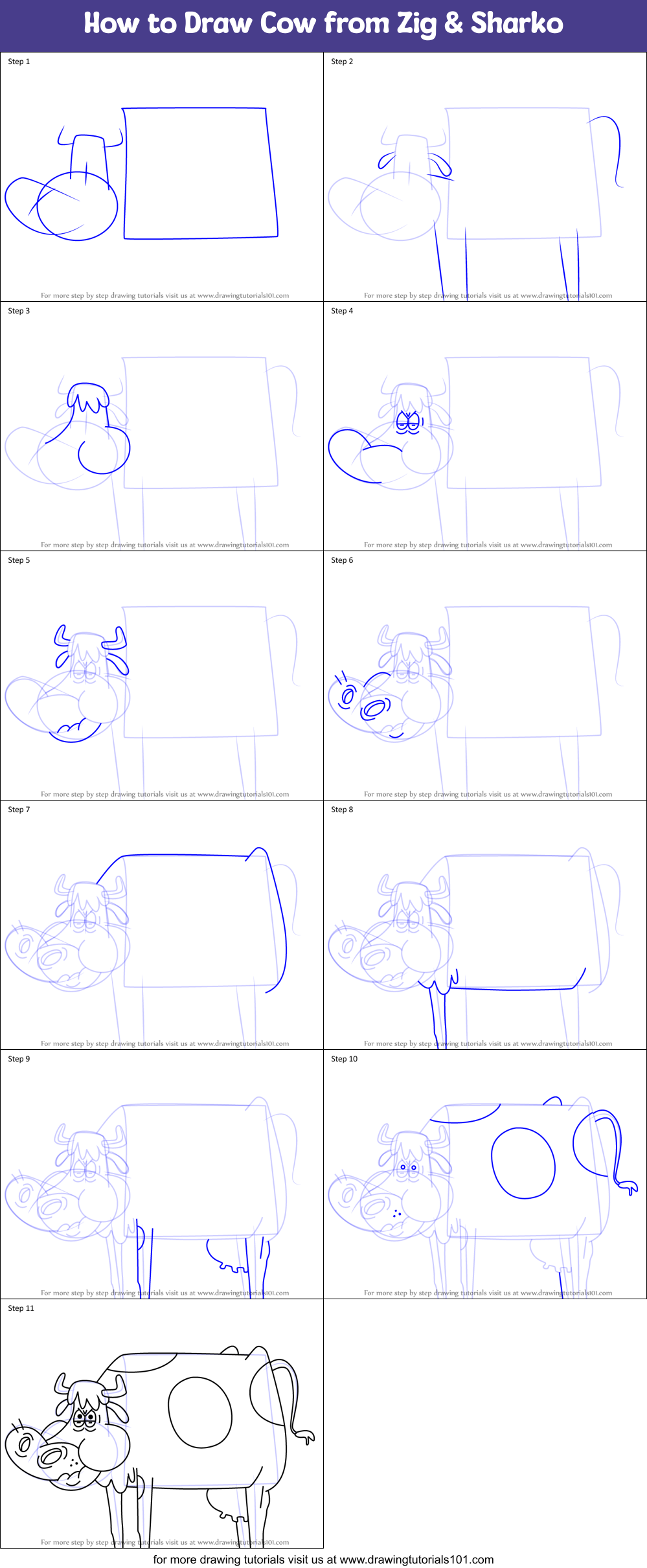 How to Draw Cow from Zig & Sharko Printable Step by Step