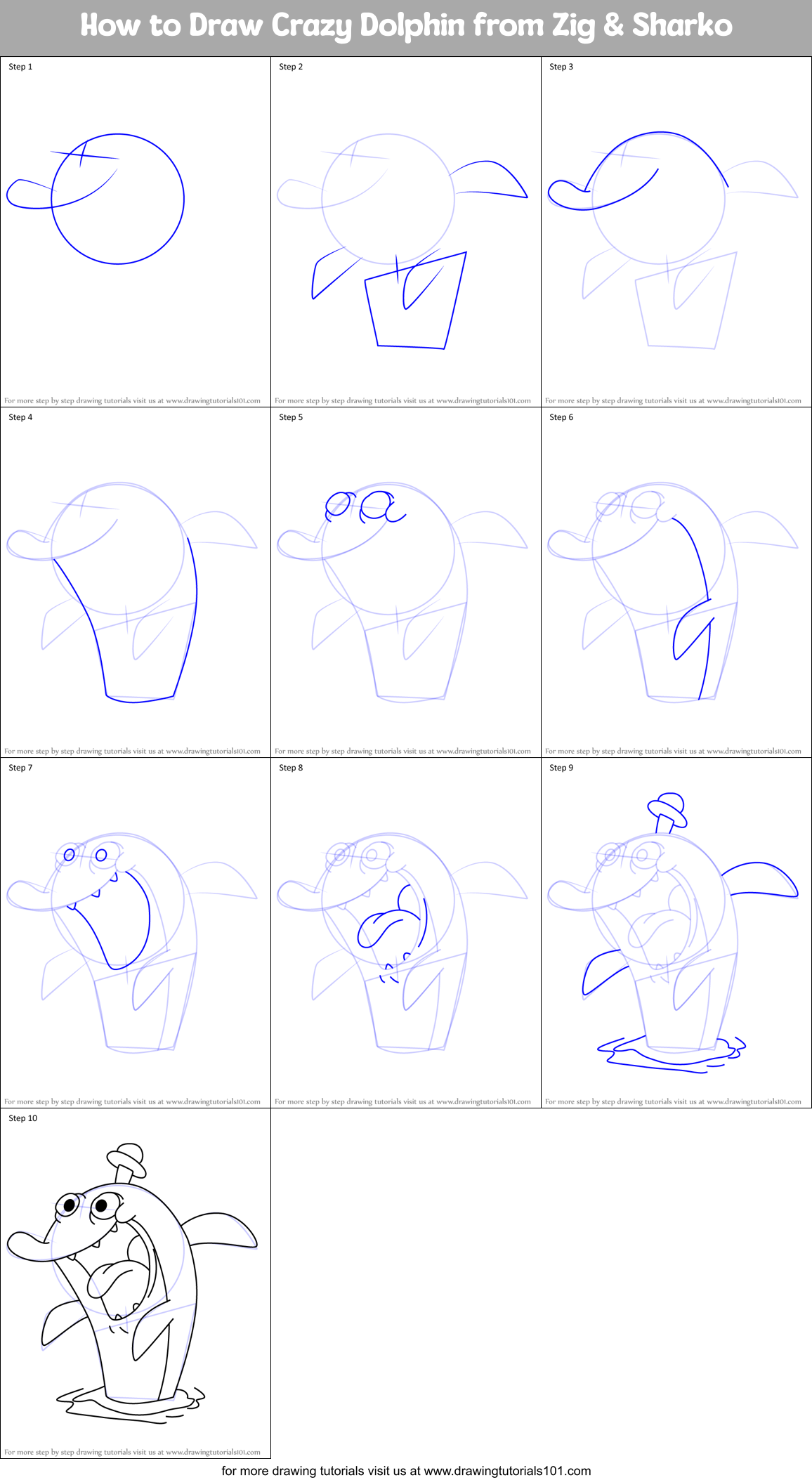 How to Draw Crazy Dolphin from Zig & Sharko Printable Step by Step