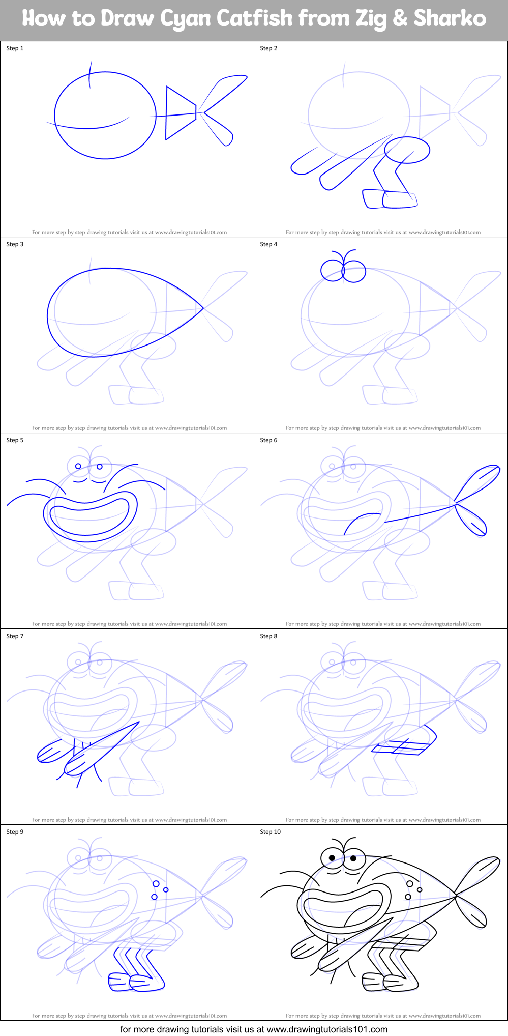 How to Draw Cyan Catfish from Zig & Sharko Printable Step by Step