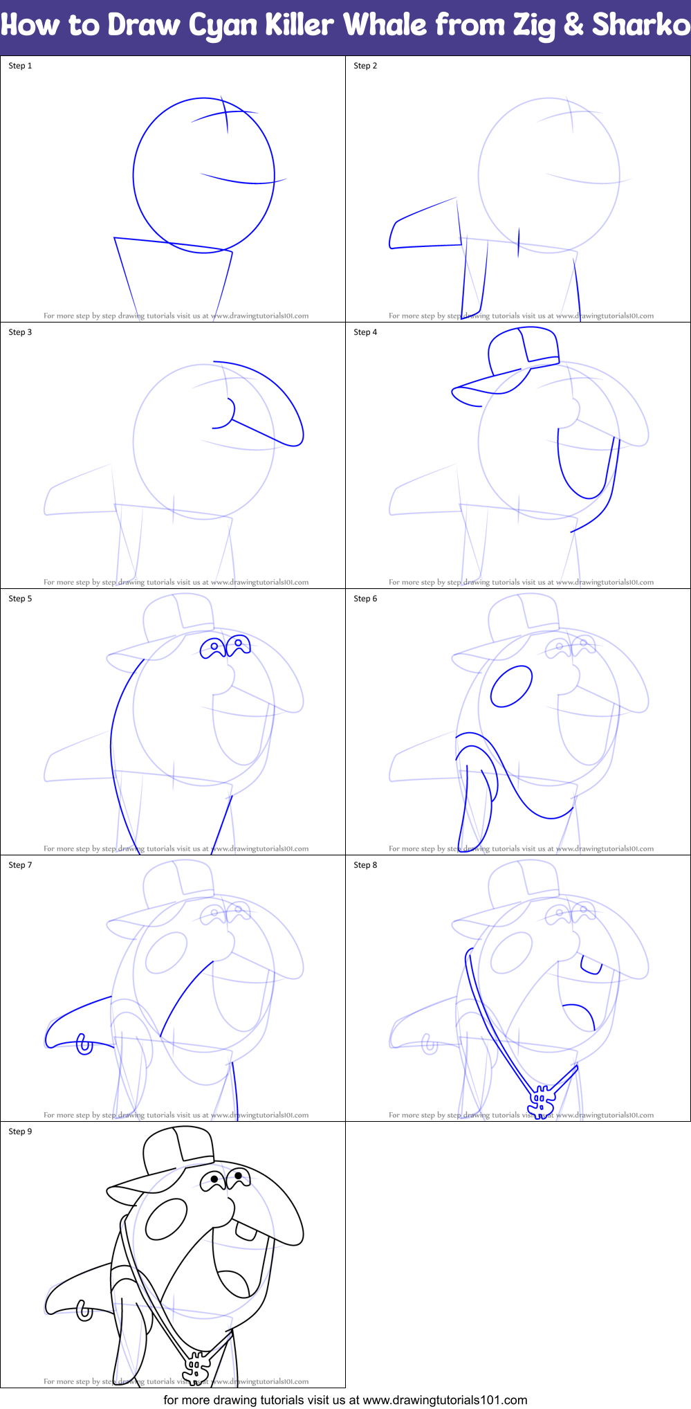 How to Draw Cyan Killer Whale from Zig & Sharko Printable Step by Step