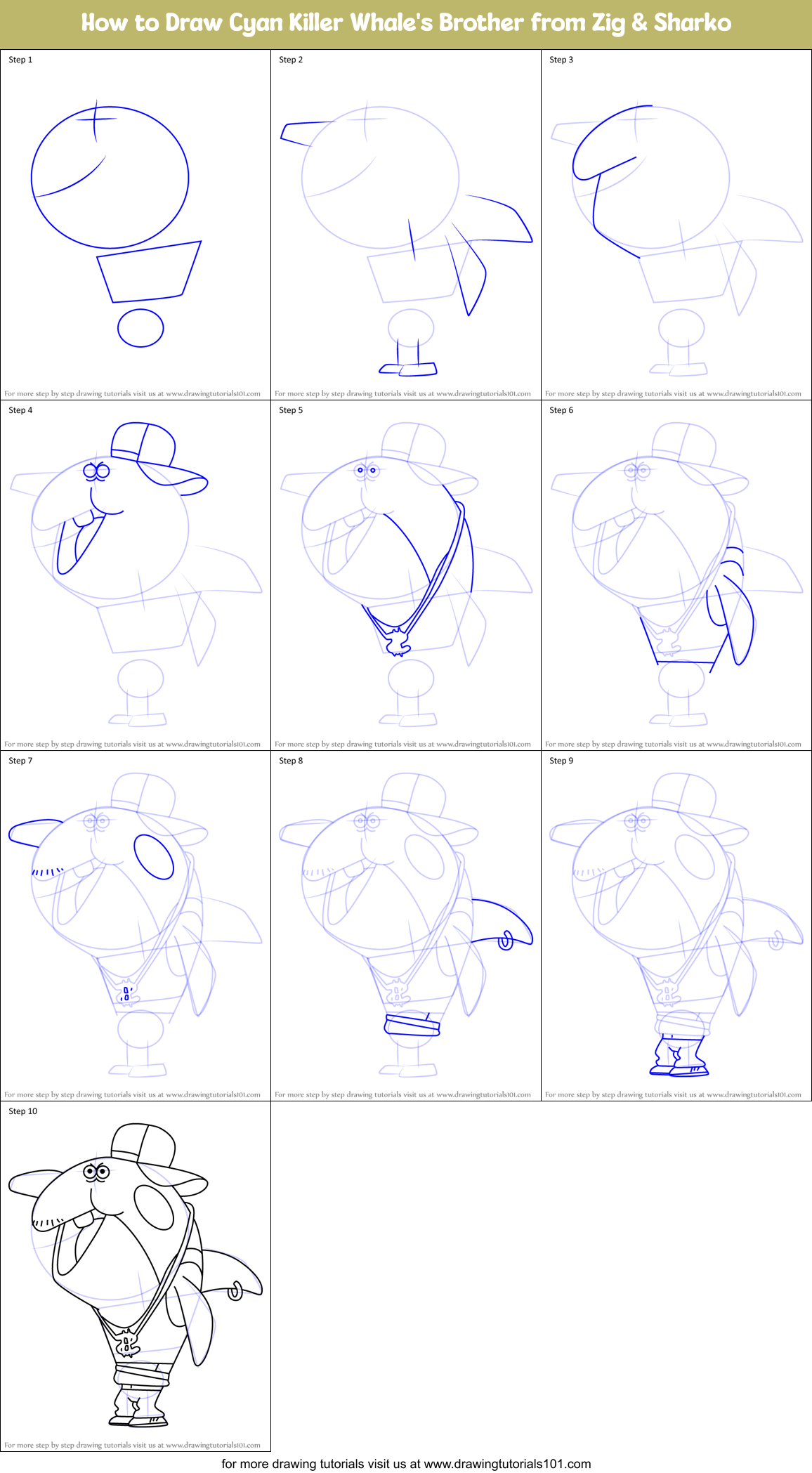 How to Draw Cyan Killer Whale's Brother from Zig & Sharko Printable Step by Step