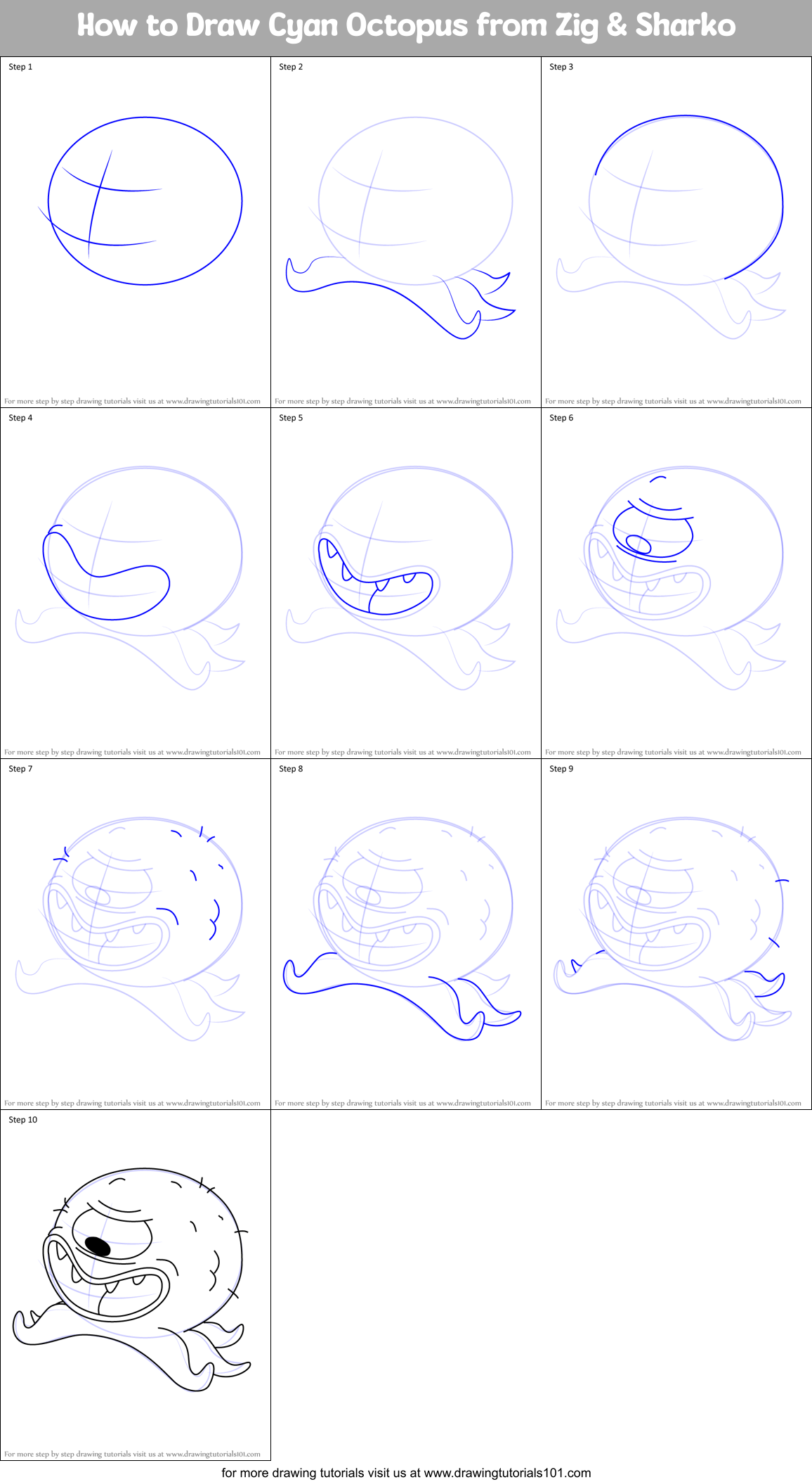 How to Draw Cyan Octopus from Zig & Sharko Printable Step by Step