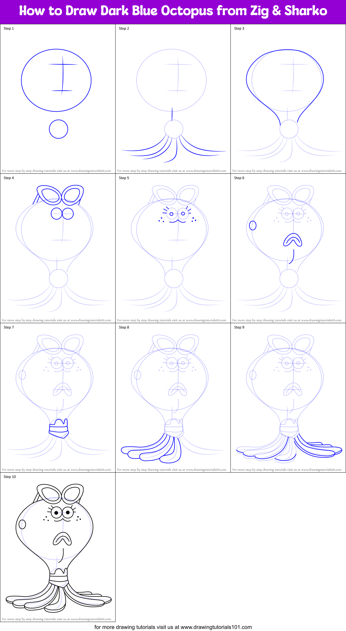 How to Draw Dark Blue Octopus from Zig & Sharko Printable Step by Step