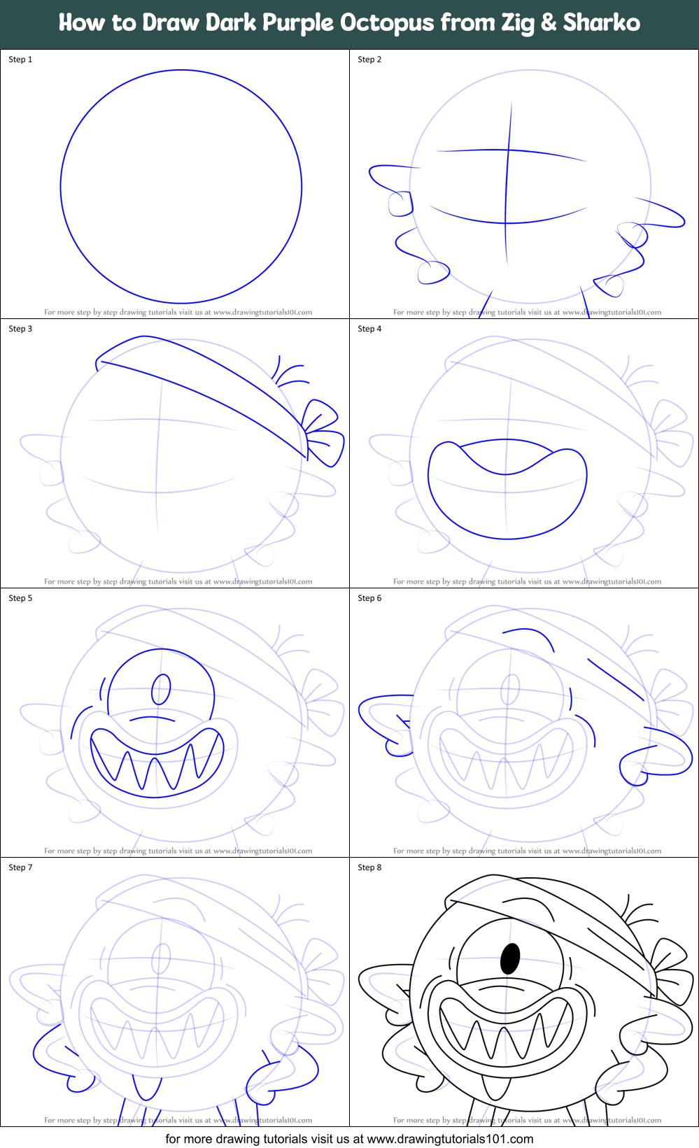 How to Draw Dark Purple Octopus from Zig & Sharko Printable Step by Step