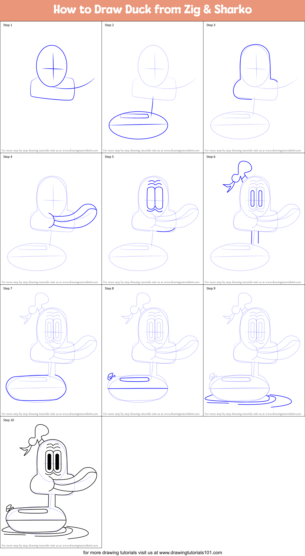 How to Draw Duck from Zig & Sharko Printable Step by Step