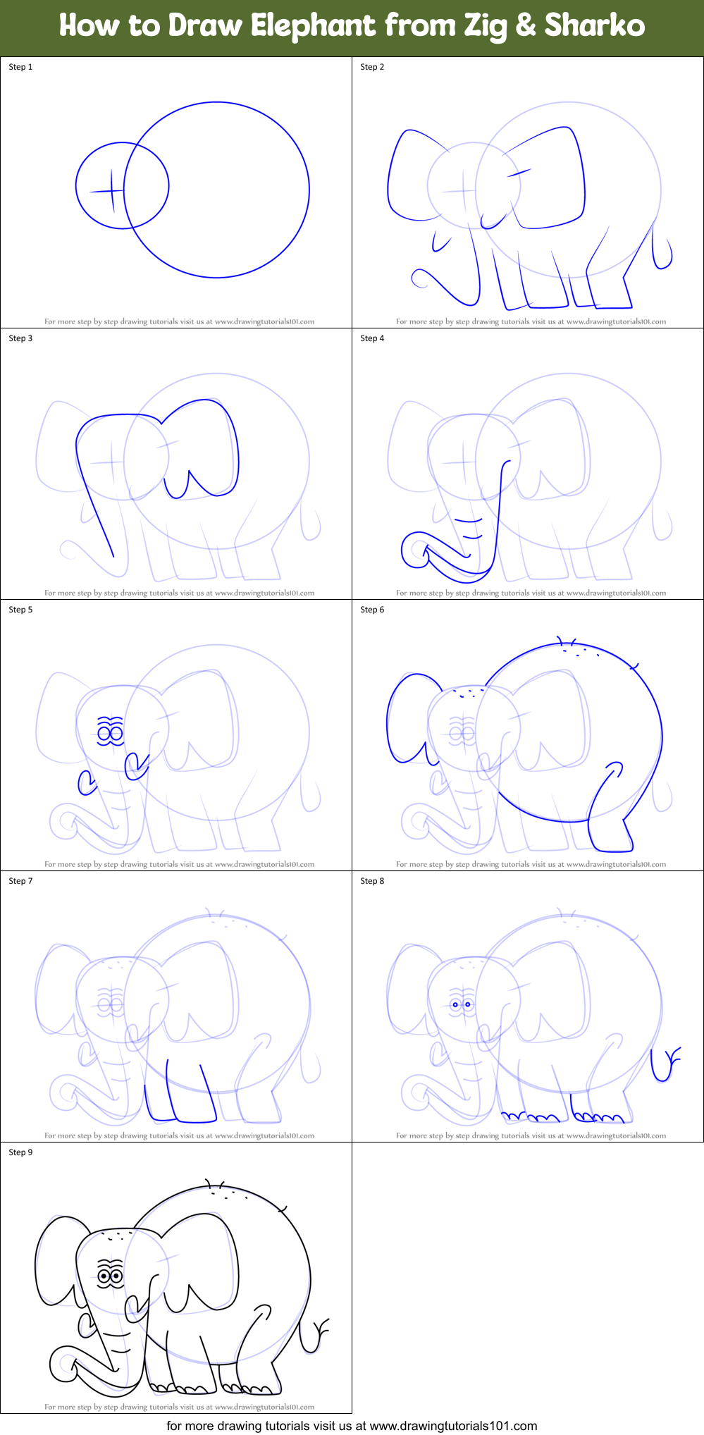 How to Draw Elephant from Zig & Sharko Printable Step by Step
