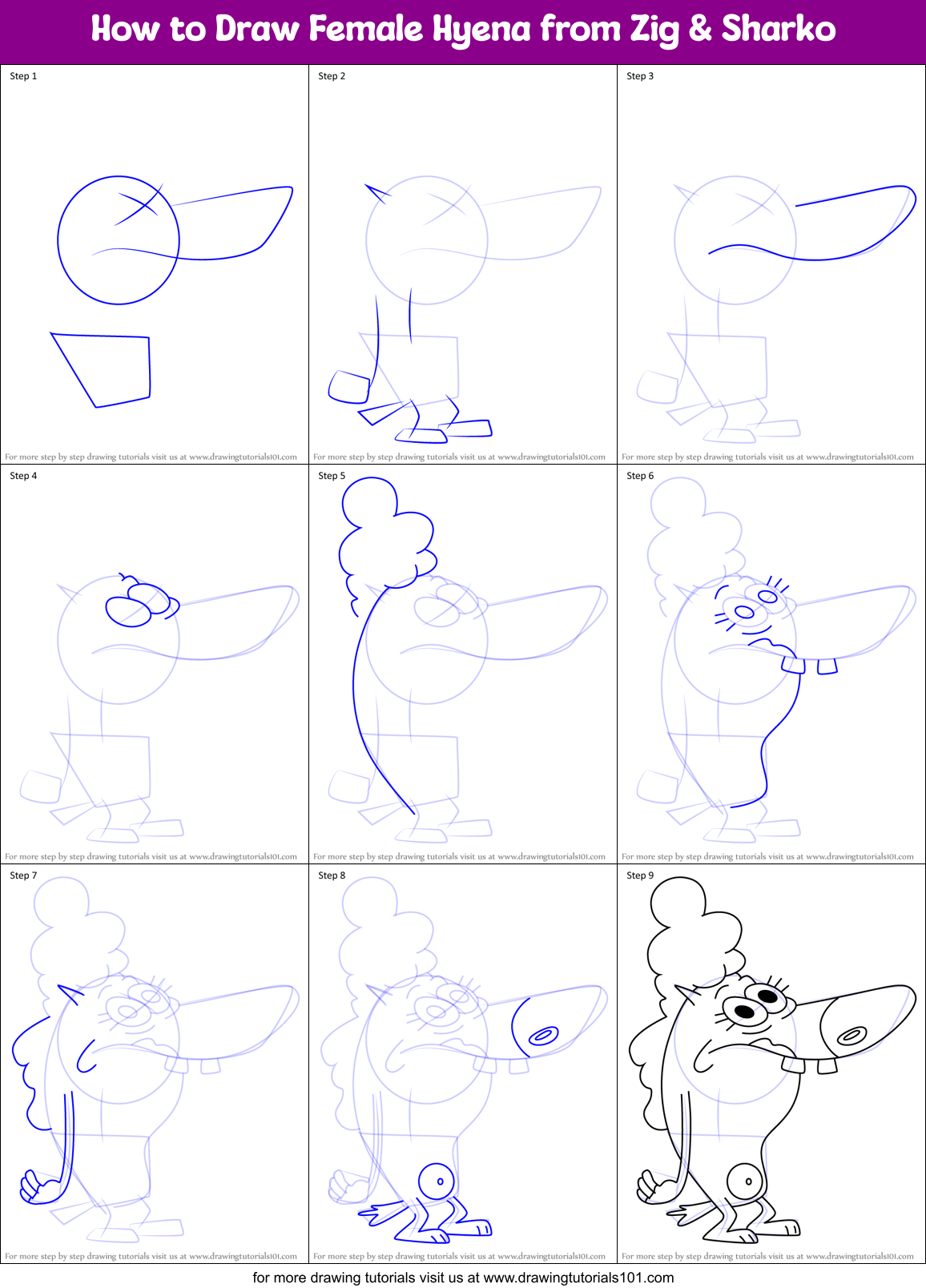 How to Draw Female Hyena from Zig & Sharko Printable Step by Step
