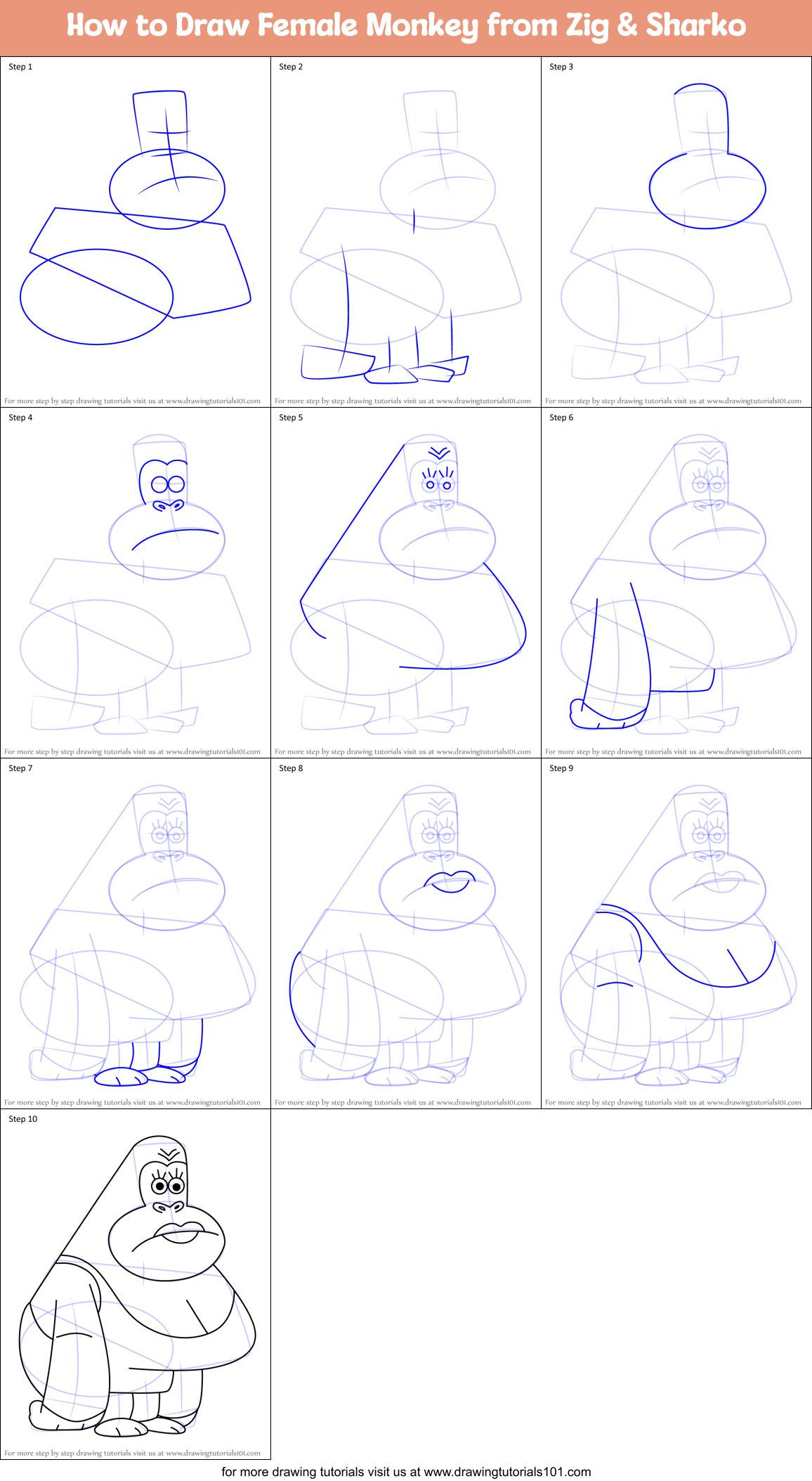 How to Draw Female Monkey from Zig & Sharko Printable Step by Step
