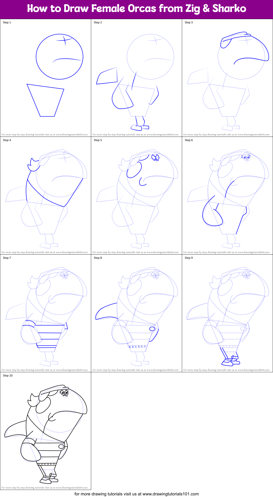 How to Draw Female Orcas from Zig & Sharko Printable Step by Step