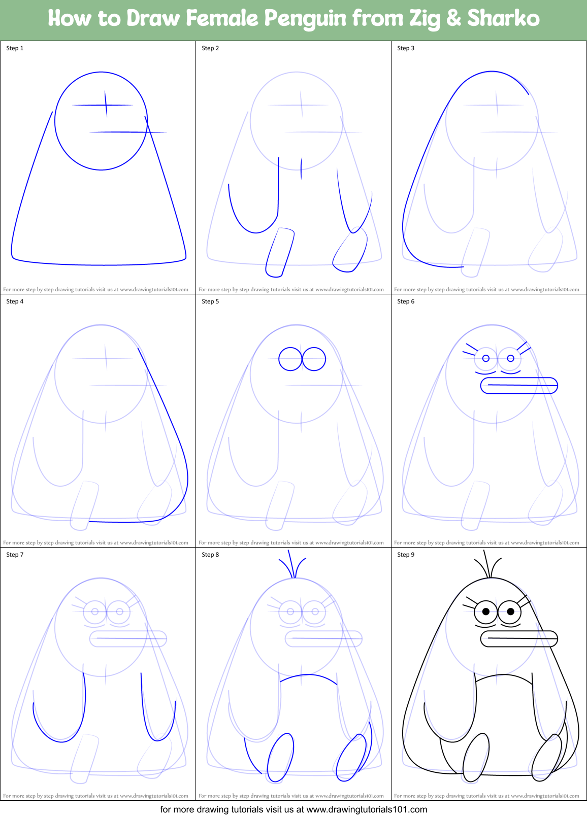 How to Draw Female Penguin from Zig & Sharko Printable Step by Step