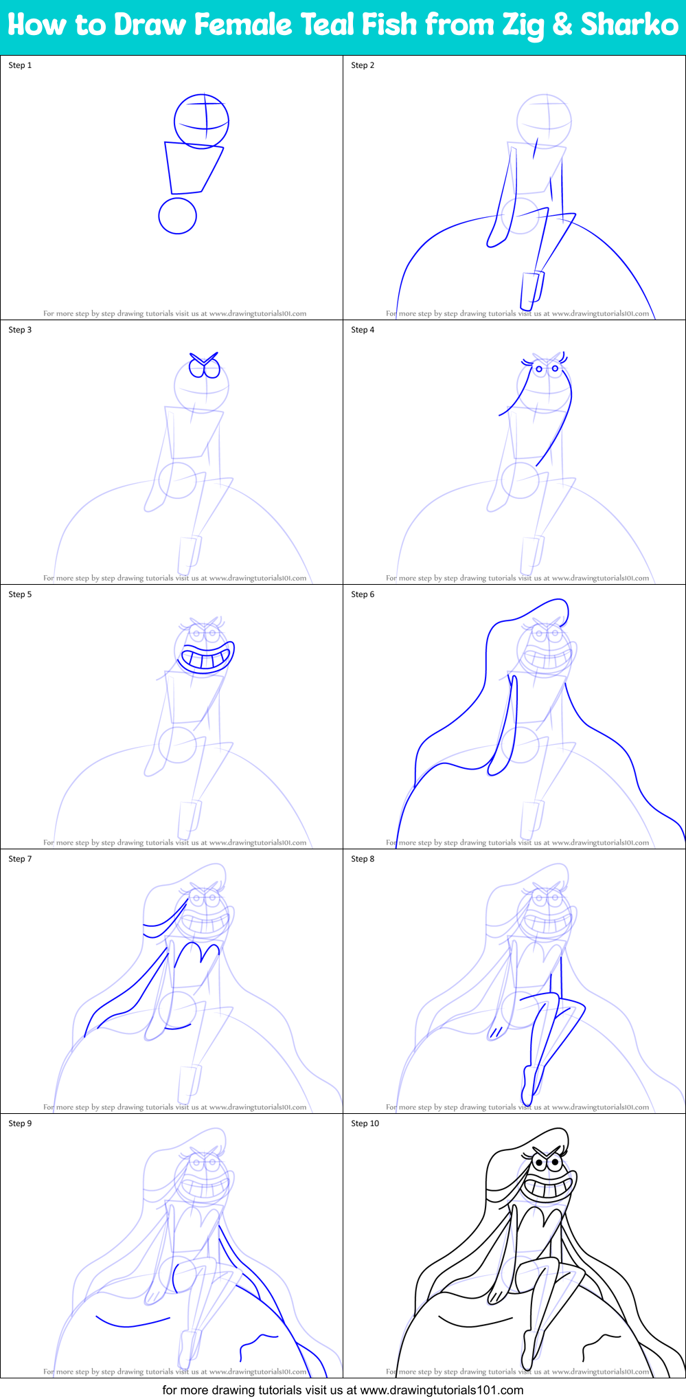 How to Draw Female Teal Fish from Zig & Sharko Printable Step by Step
