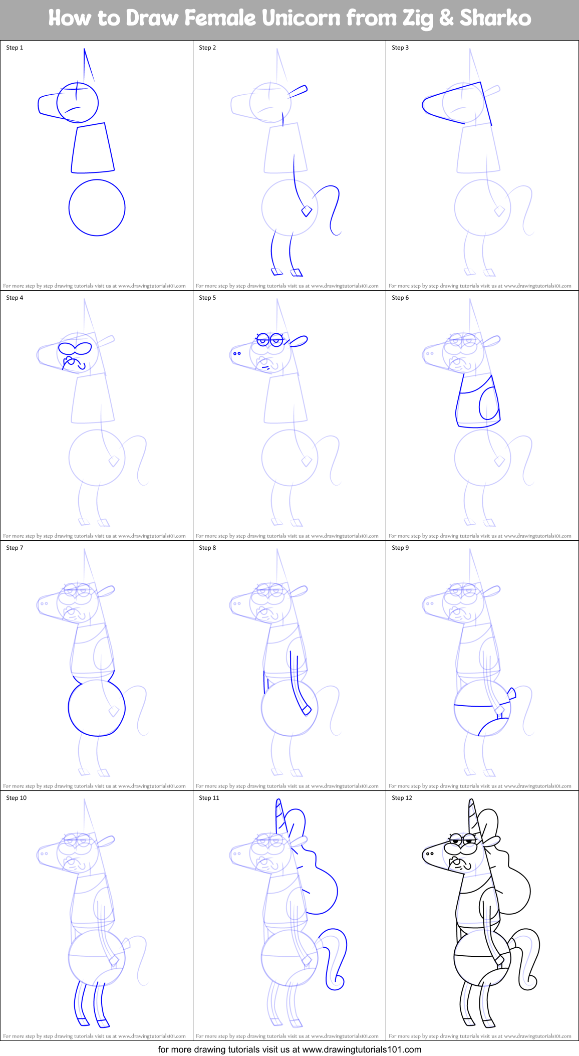 How to Draw Female Unicorn from Zig & Sharko Printable Step by Step