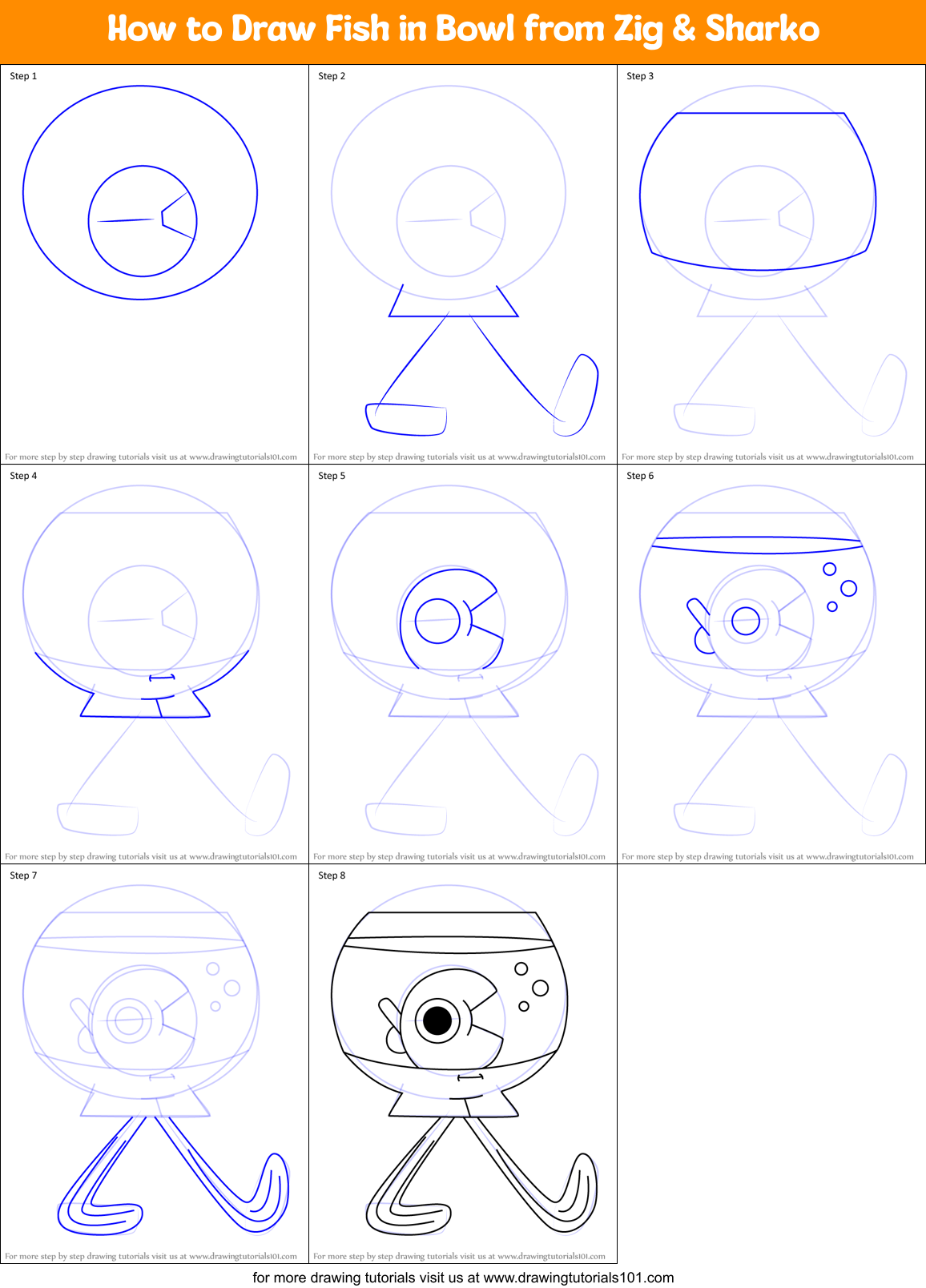 How to Draw Fish in Bowl from Zig & Sharko Printable Step by Step