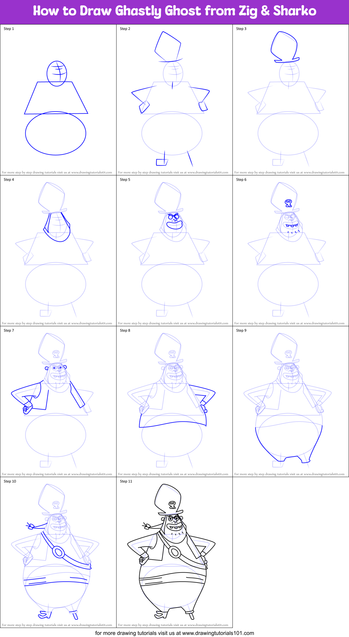 How to Draw Ghastly Ghost from Zig & Sharko Printable Step by Step