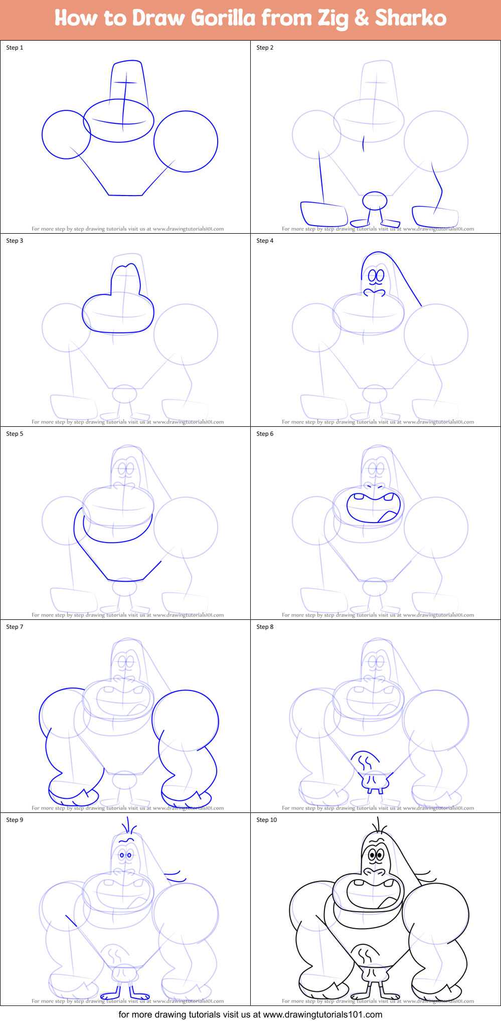 How to Draw Gorilla from Zig & Sharko Printable Step by Step