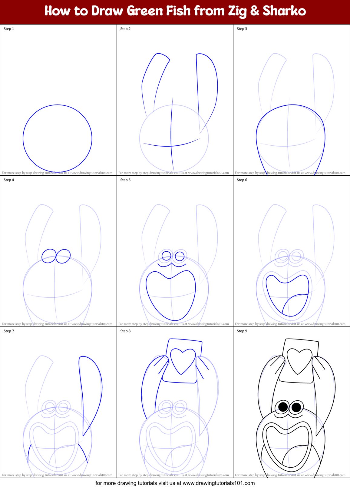 How to Draw Green Fish from Zig & Sharko Printable Step by Step