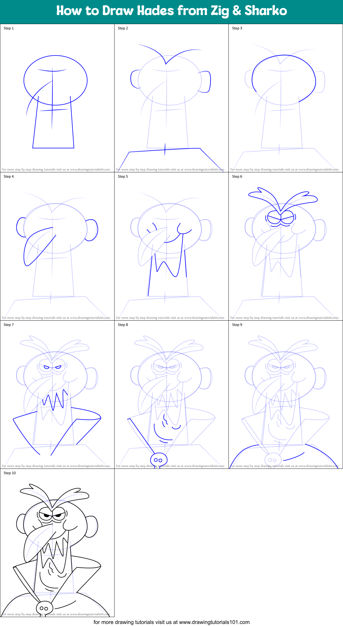 How to Draw Hades from Zig & Sharko Printable Step by Step