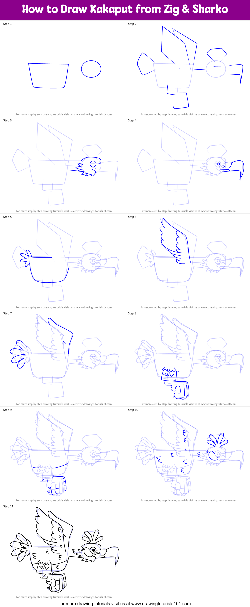 How to Draw Kakaput from Zig & Sharko Printable Step by Step