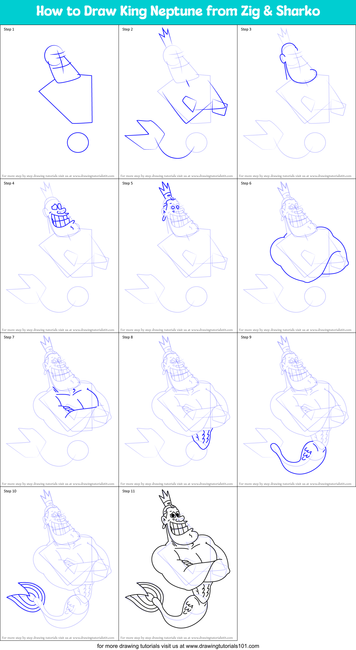 How to Draw King Neptune from Zig & Sharko Printable Step by Step