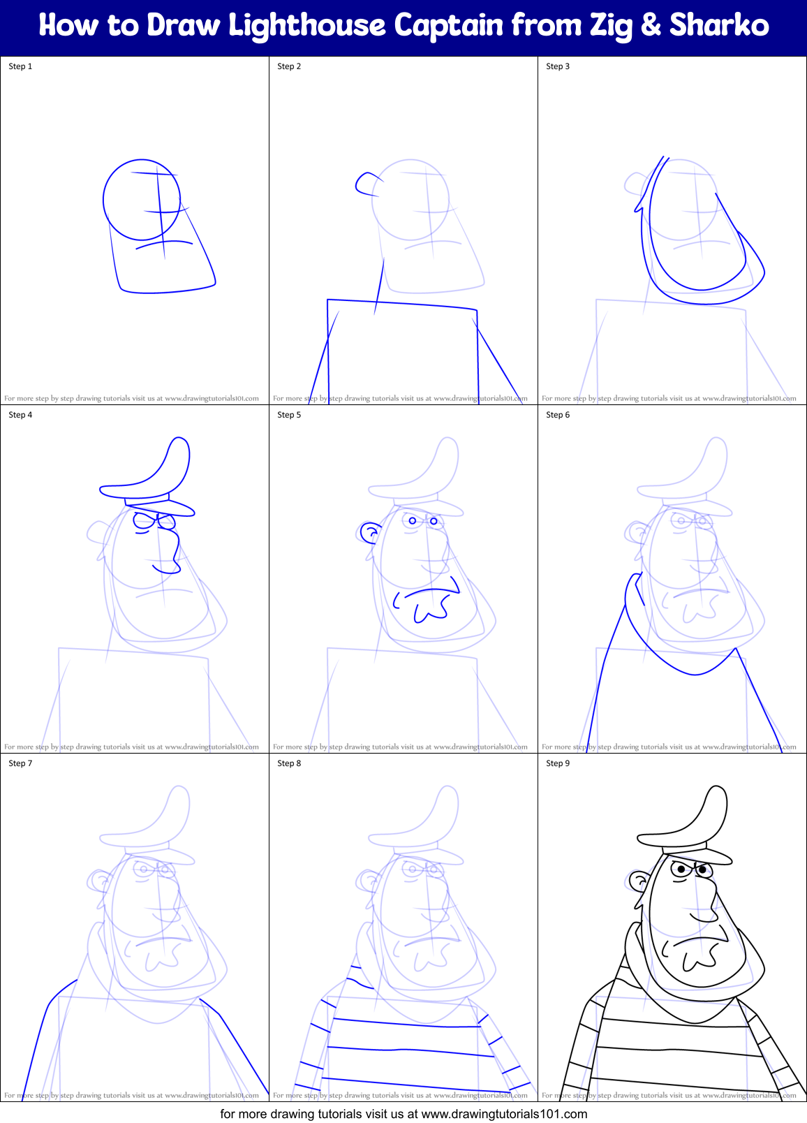 How to Draw Lighthouse Captain from Zig & Sharko Printable Step by Step