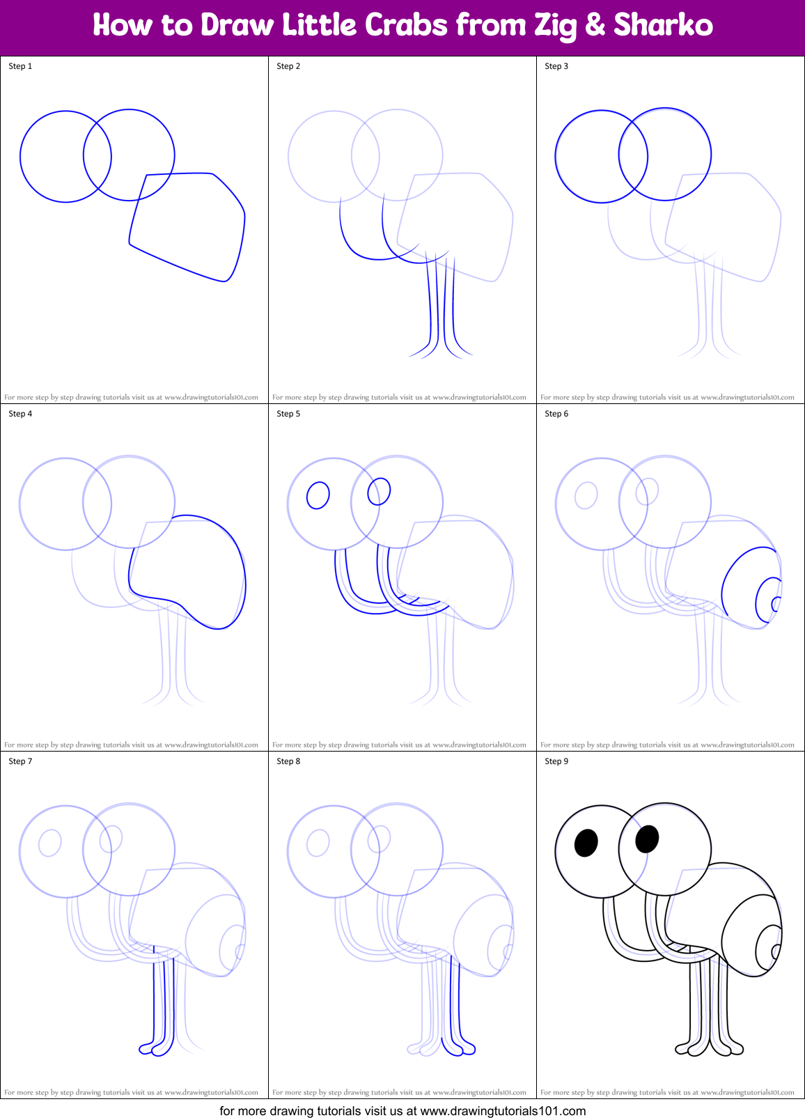 How to Draw Little Crabs from Zig & Sharko Printable Step by Step
