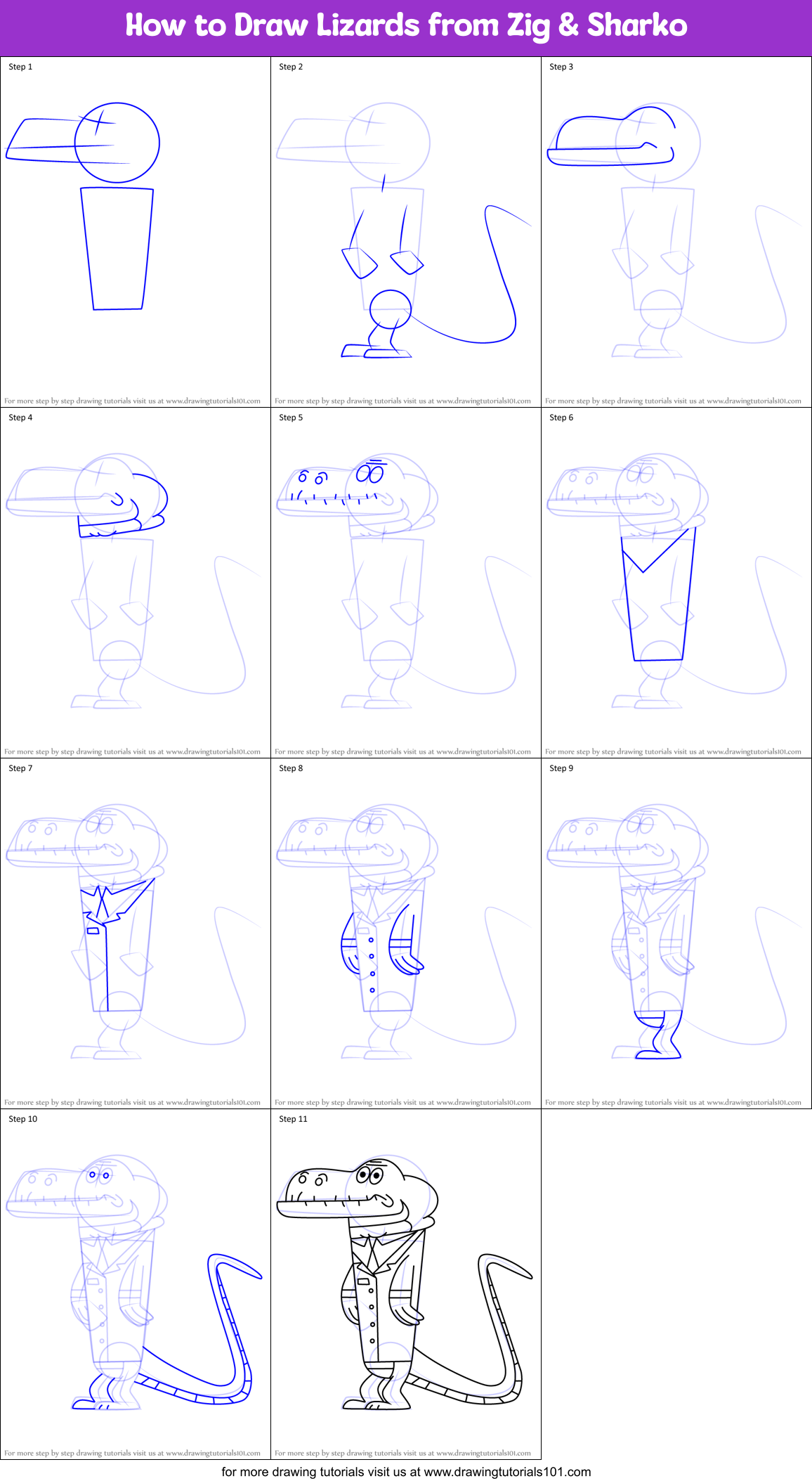 How to Draw Lizards from Zig & Sharko Printable Step by Step