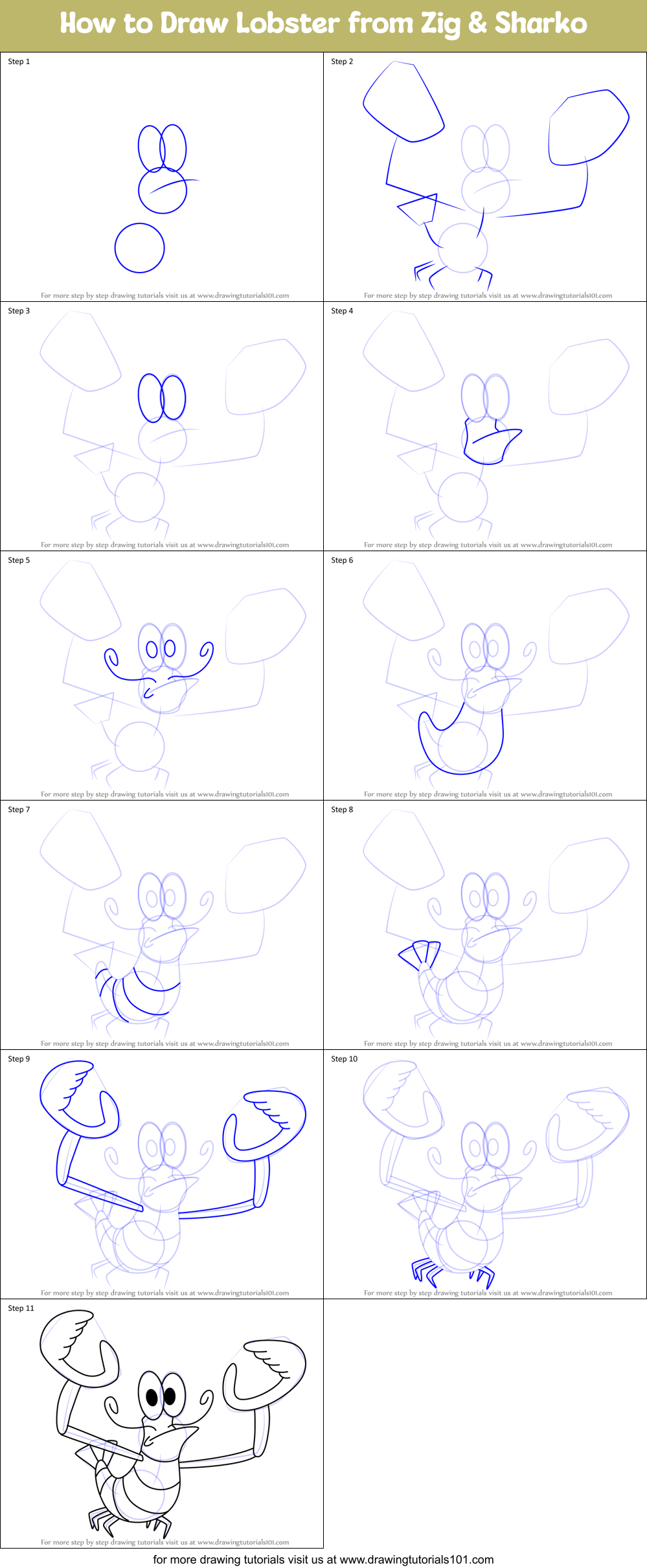 How to Draw Lobster from Zig & Sharko Printable Step by Step