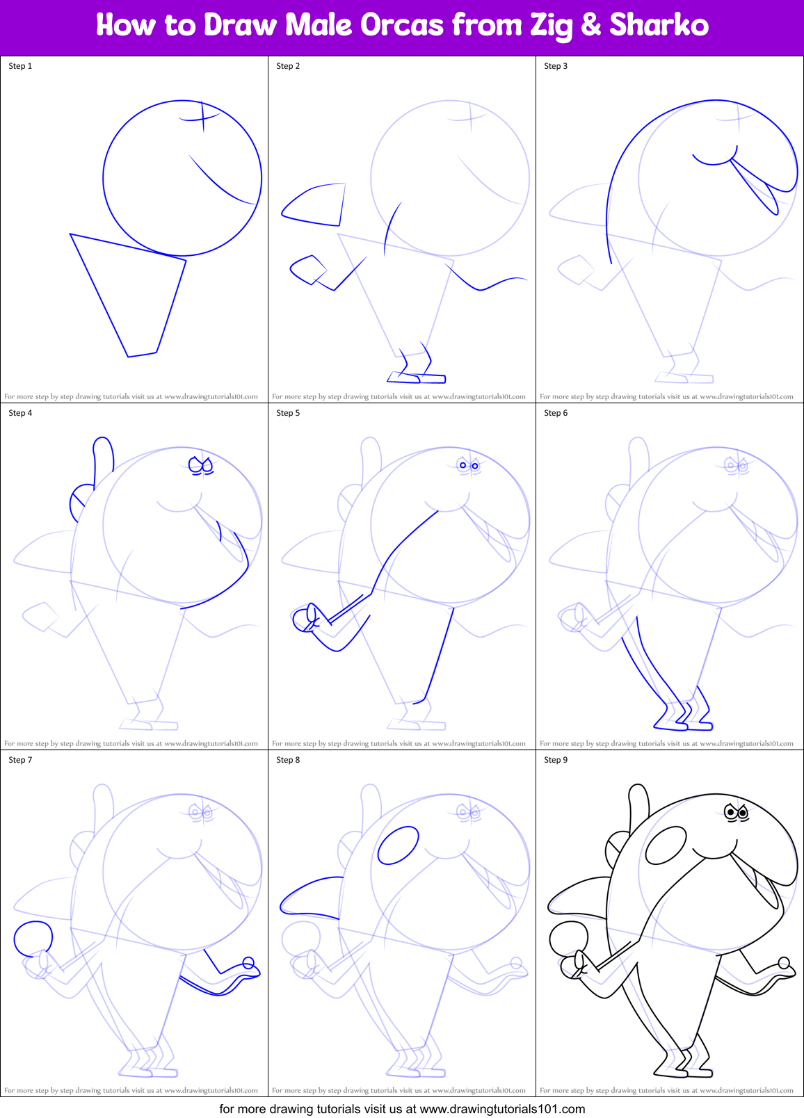 How to Draw Male Orcas from Zig & Sharko Printable Step by Step